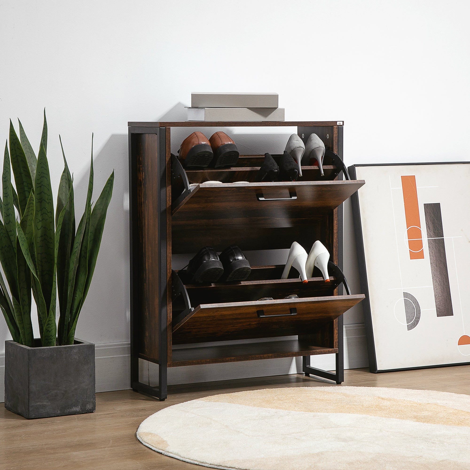 HOMCOM 12-Shoe, Two-Door Storage Cabinet - Wood-Effect - North Peak Garden Furniture