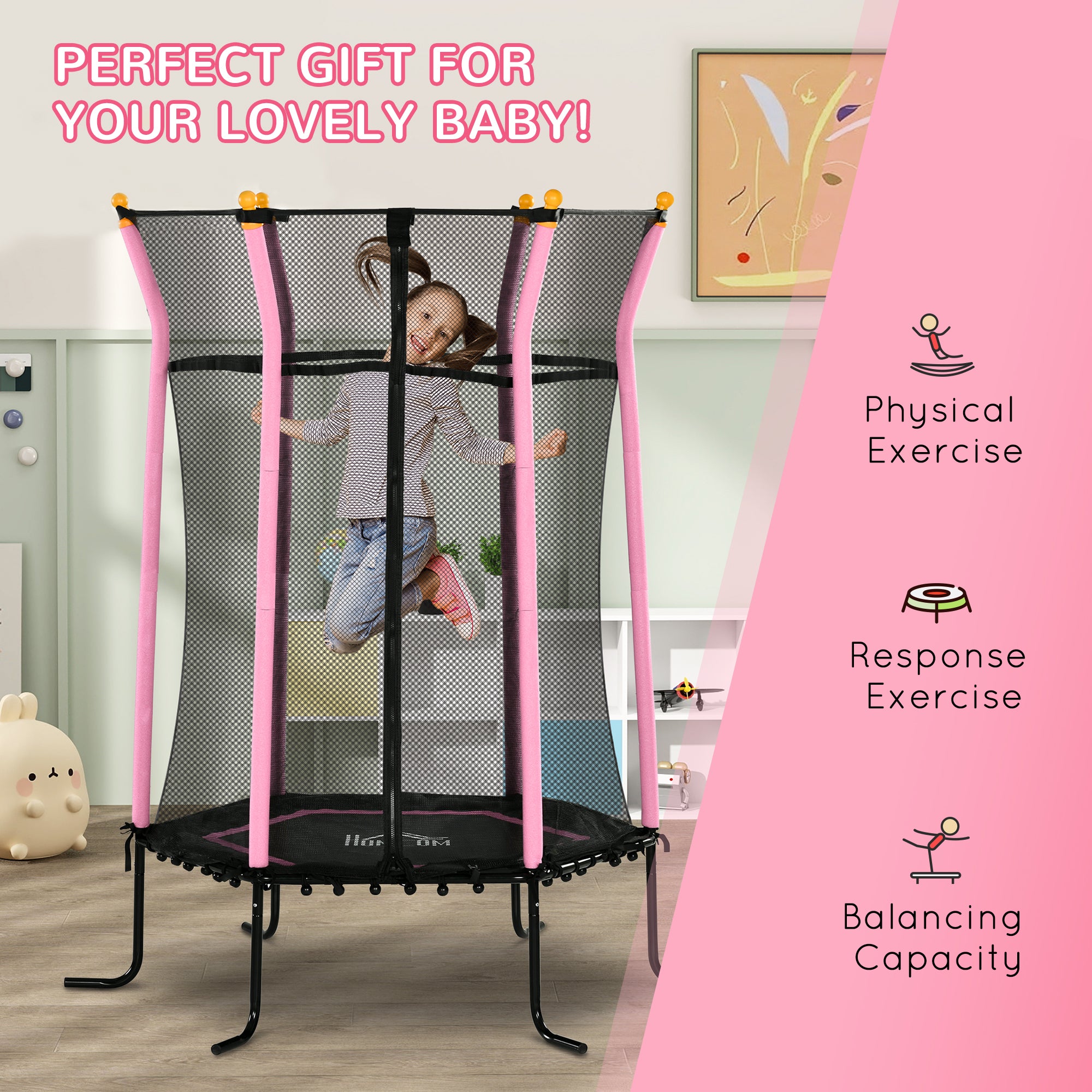 HOMCOM Kids Trampoline Mini Bouncer with Enclosure Safety Net For Ages 3-10 Years - Pink - North Peak Garden Furniture