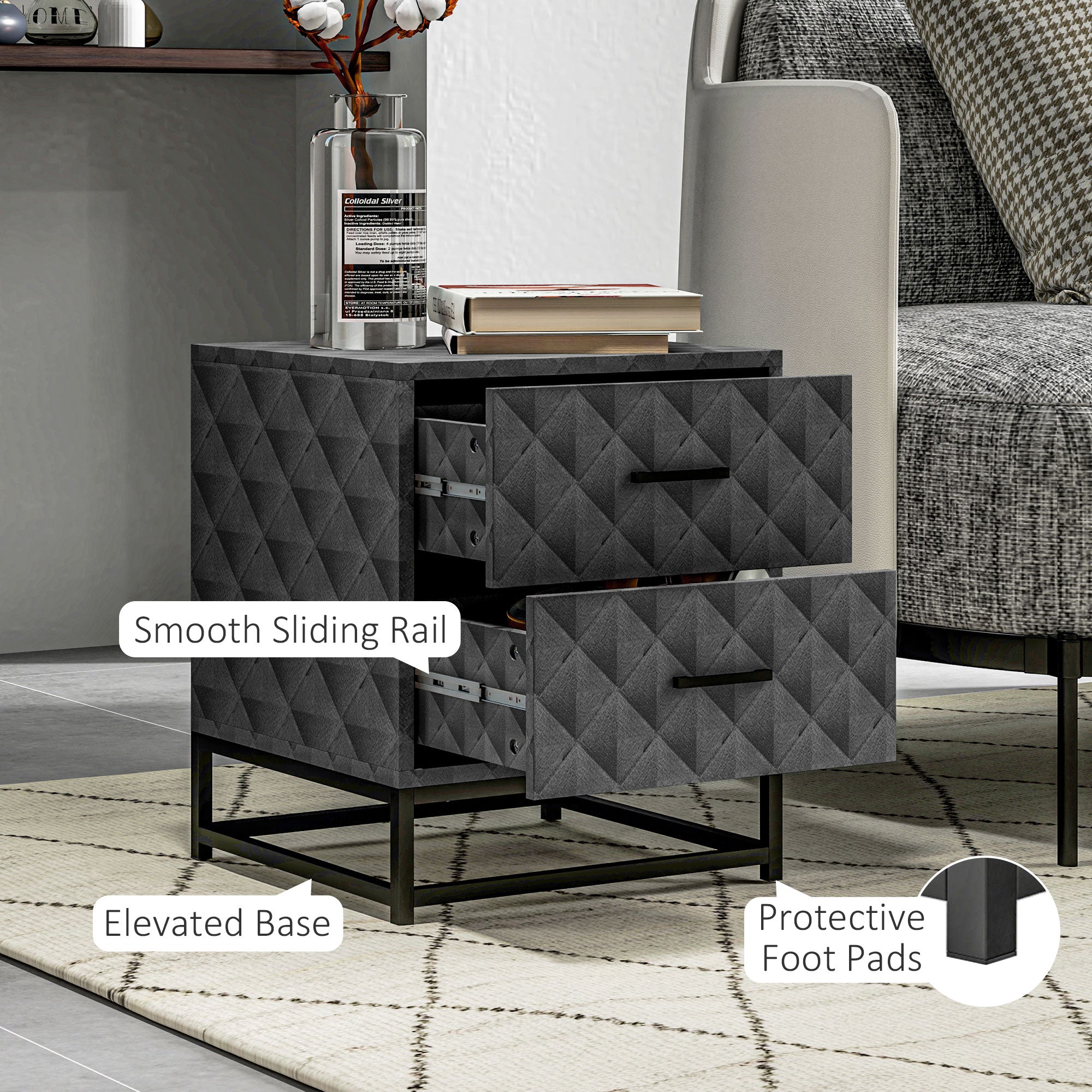HOMCOM Bedside Tables Set of 2, Modern Bedside Table Nightstand with 2 Drawers, Bedside Cabinet Sofa Side Table with Storage, Steel Legs for Bedroom, Living Room, Grey - North Peak Garden Furniture