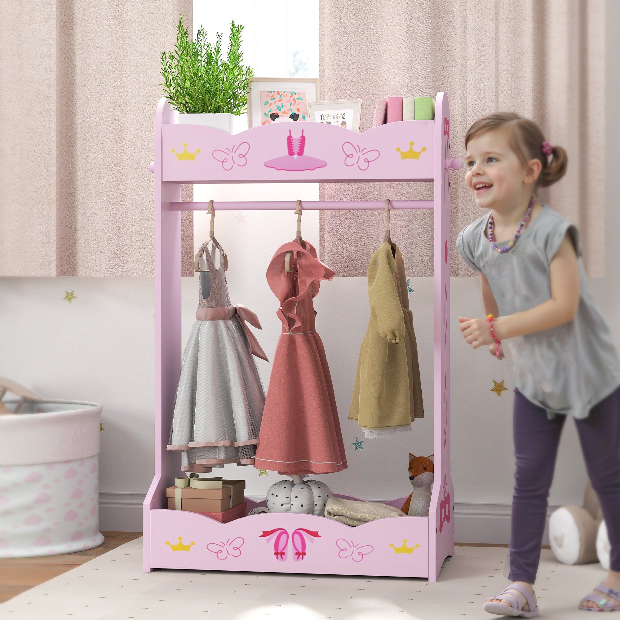 AIYAPLAY Kids Clothes Rail with 2 Storage Shelves for 3-8 Years Old, Pink