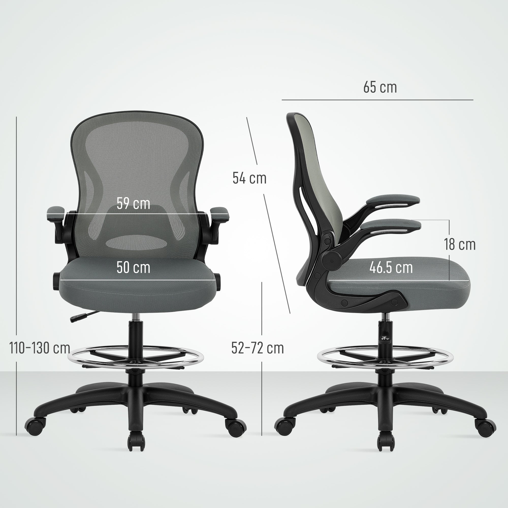 Vinsetto Draughtsman Chair with Flip-up Armrests, Mesh Standing Desk Chair with Lumbar Support and Adjustable Foot Ring for Bar Counter, Charcoal Grey