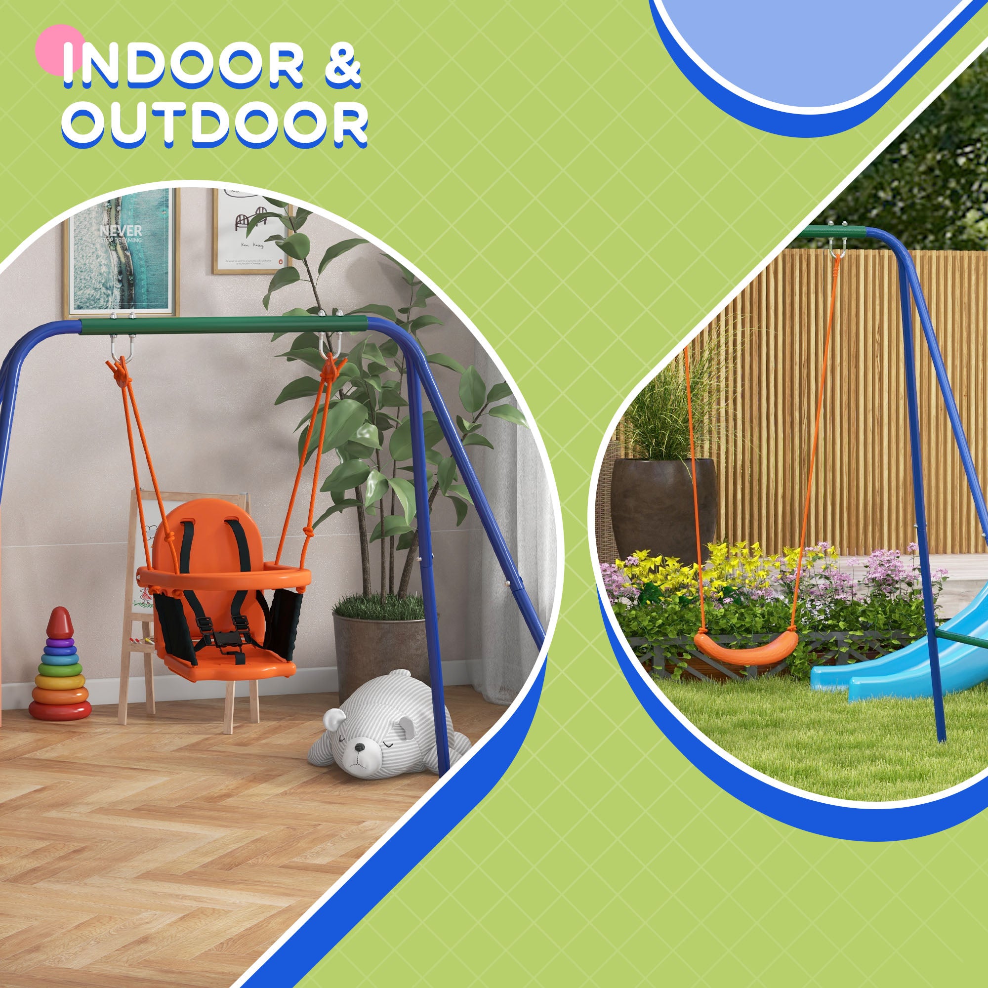 Outsunny Two-In-One Toddler Garden Swing, with Comfortable Seat, Safety Belt - Orange and Blue - North Peak Garden Furniture