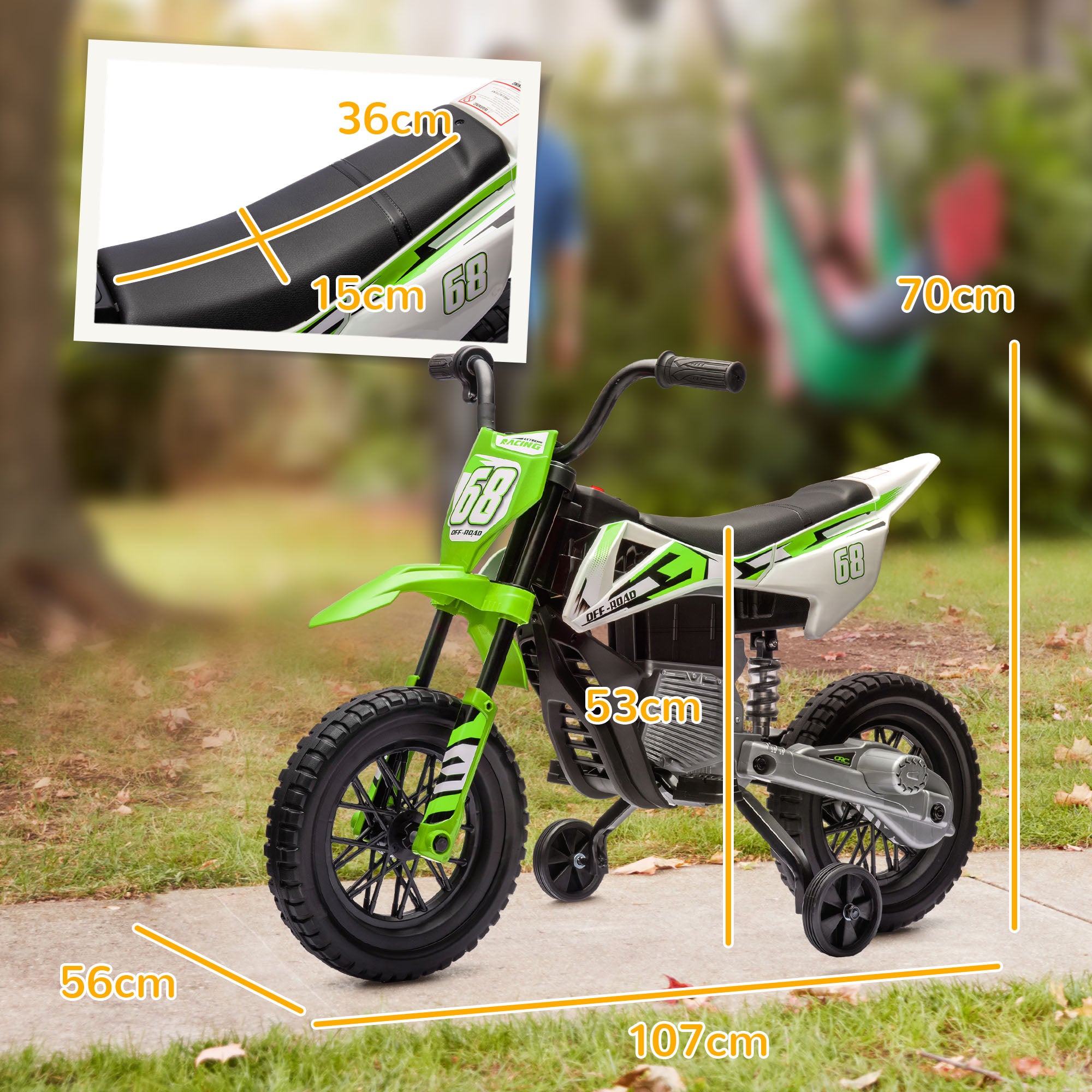 AIYAPLAY 12V Kids Electric Motorbike, Kids Electric Ride on motorcycle w/ Twist Grip Throttle, Training Wheels, Green - North Peak Garden Furniture