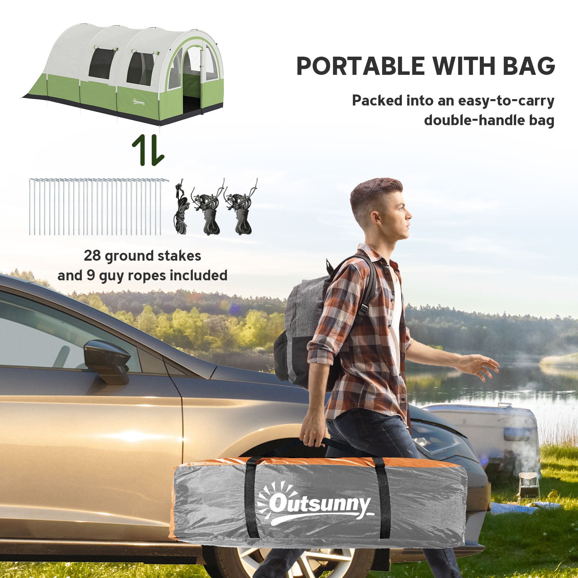 Outsunny 3000mm Waterproof Camping Tent, 5-6 Man Family Tent with Living and Bedroom, Carry Bag Included, Cream and Green - North Peak Garden Furniture