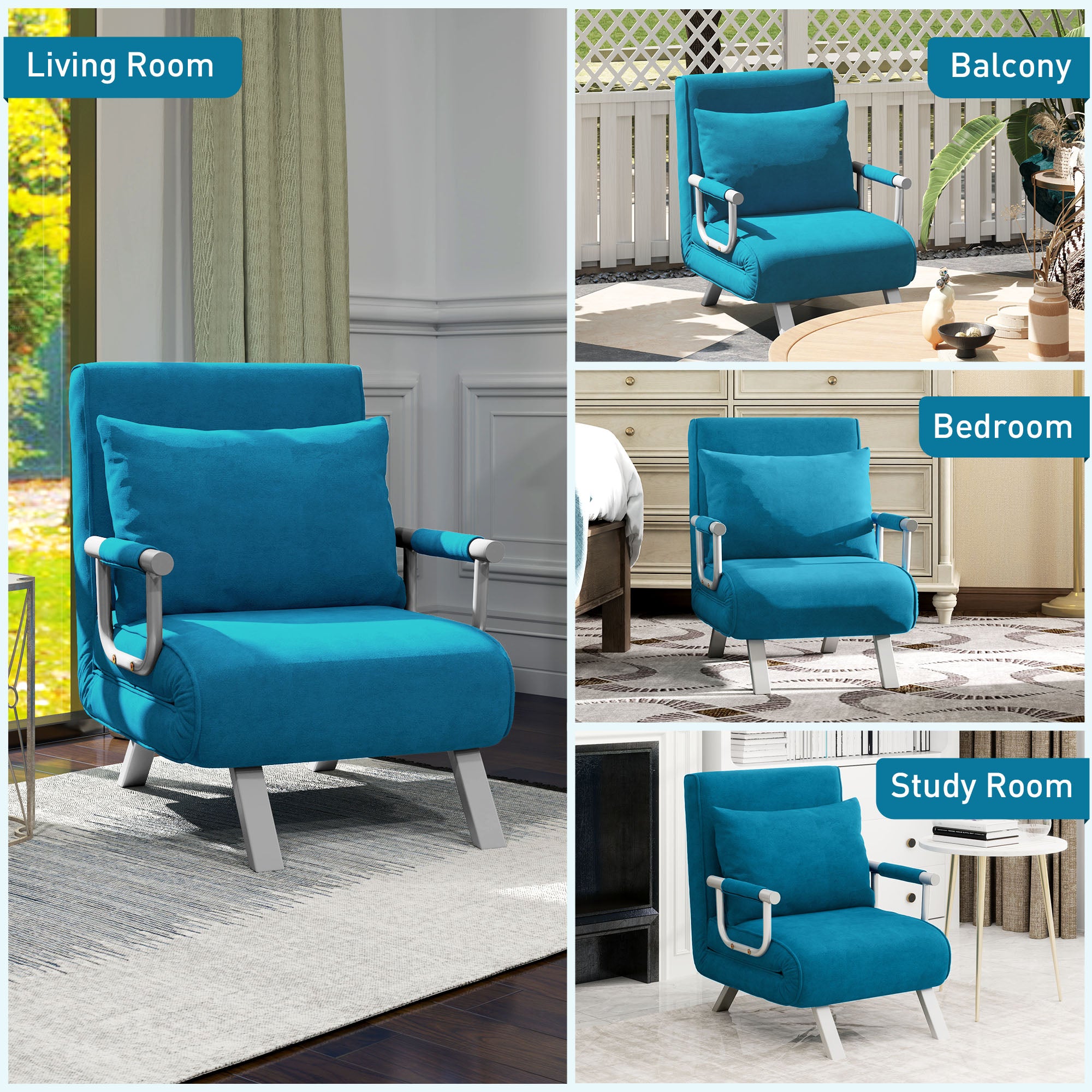 HOMCOM 4-in-1 Faux Suede Chair Bed - Blue - North Peak Garden Furniture