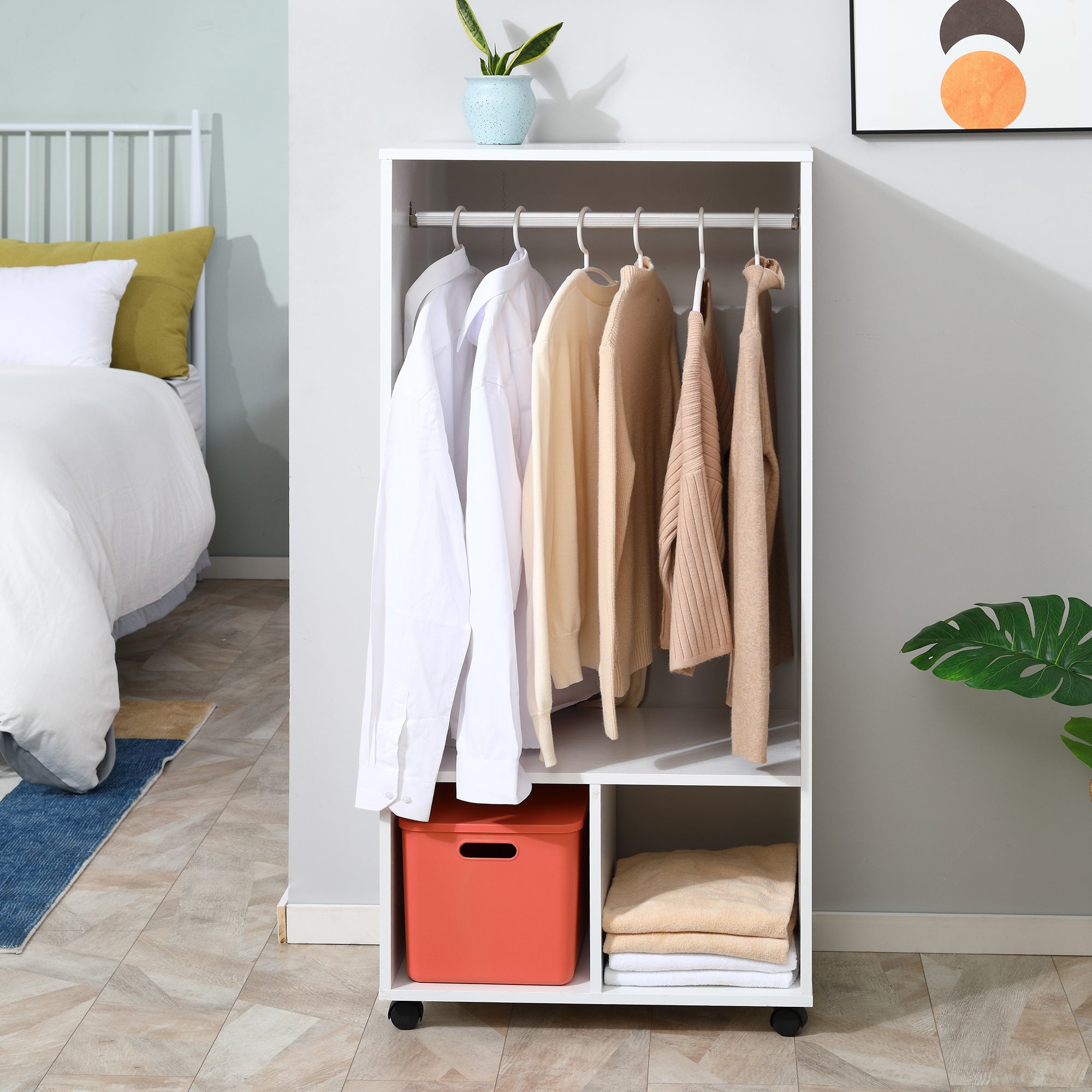 HOMCOM Open Wardrobe for Bedroom, Small Wardrobe on Wheels with Clothes Rail, Storage Shelves, Mobile Garment Rack for Clothes Storage, Cloakroom, Hallway, White - North Peak Garden Furniture