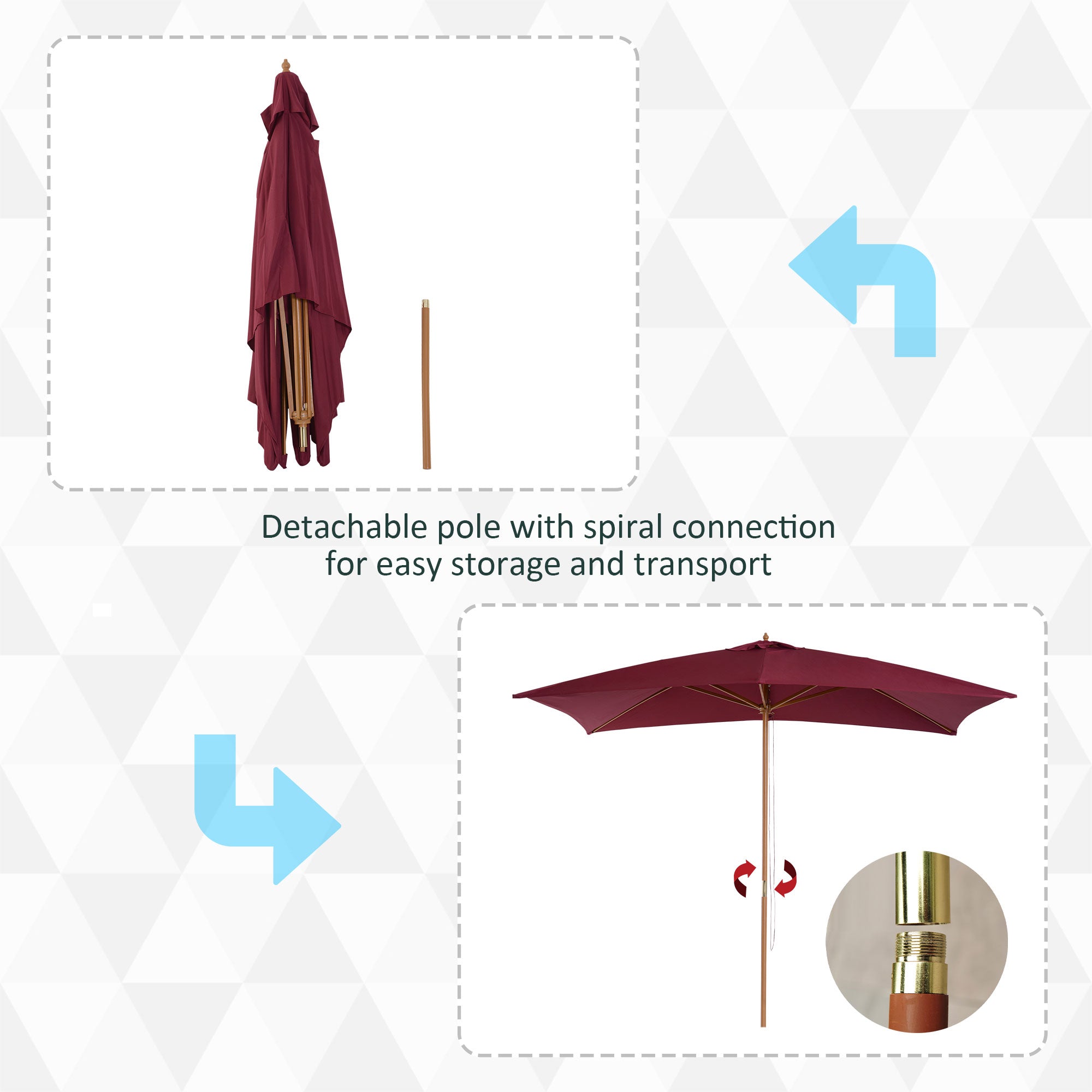 Outsunny 2 x 3m Wooden Garden Parasol Umbrella Outdoor Sun Shade Canopy, Wine Red - North Peak Garden Furniture