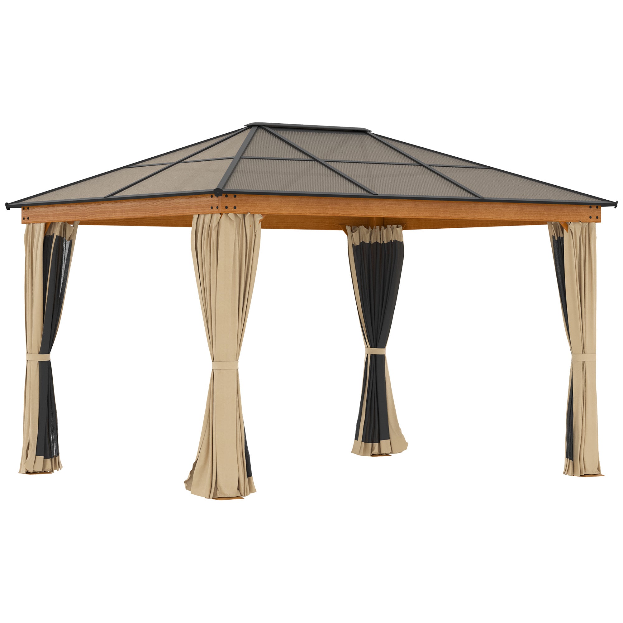 Outsunny 3 x 3.6 m Hardtop Gazebo Canopy, Polycarbonate Roof Garden Pavilion with Aluminium and Steel Frame, Nettings and Sidewalls for Garden, Patio, Khaki - North Peak Garden Furniture