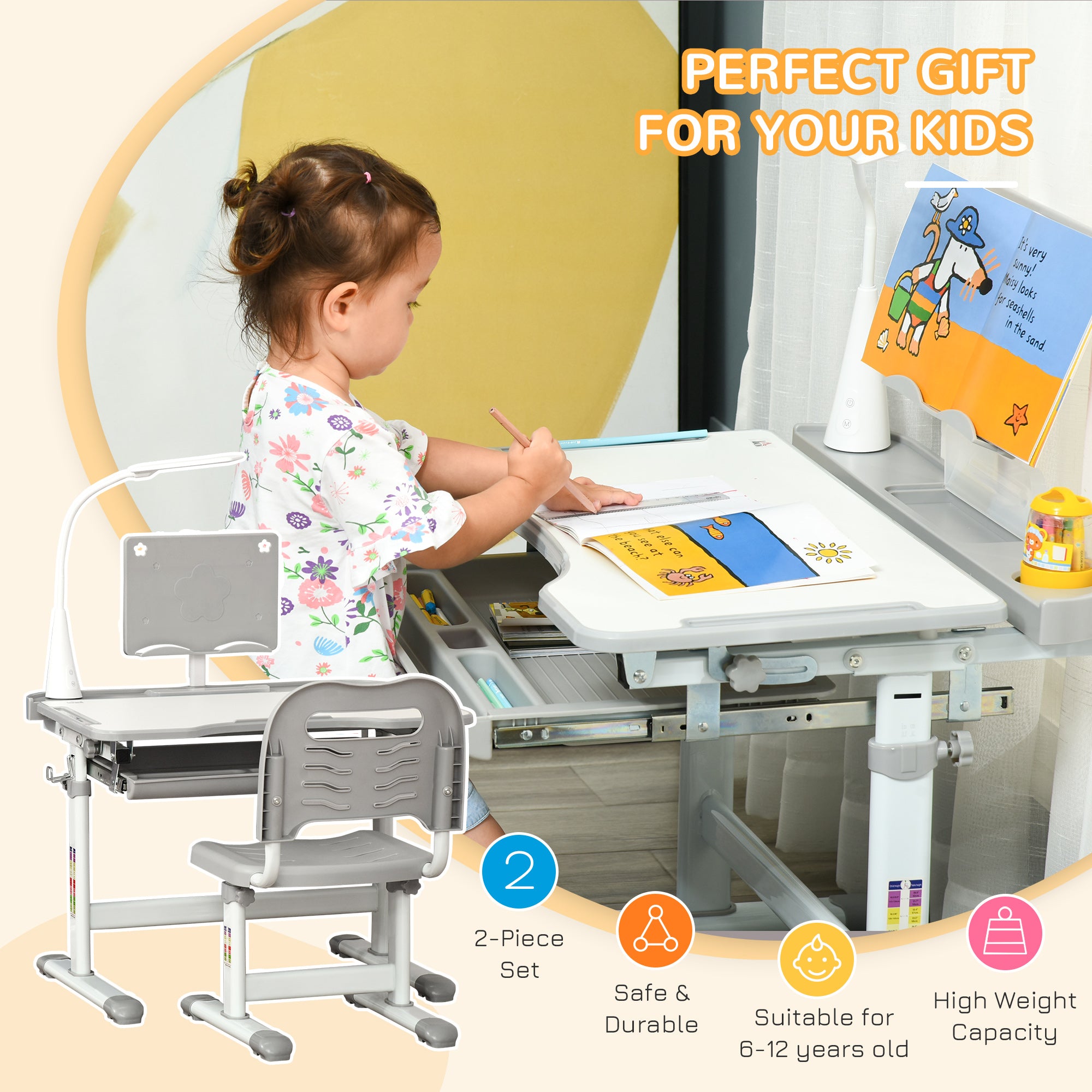 HOMCOM Kids Study Desk and Chair Set w/ Adjustable Height, Storage, Drawer, Grey - North Peak Garden Furniture