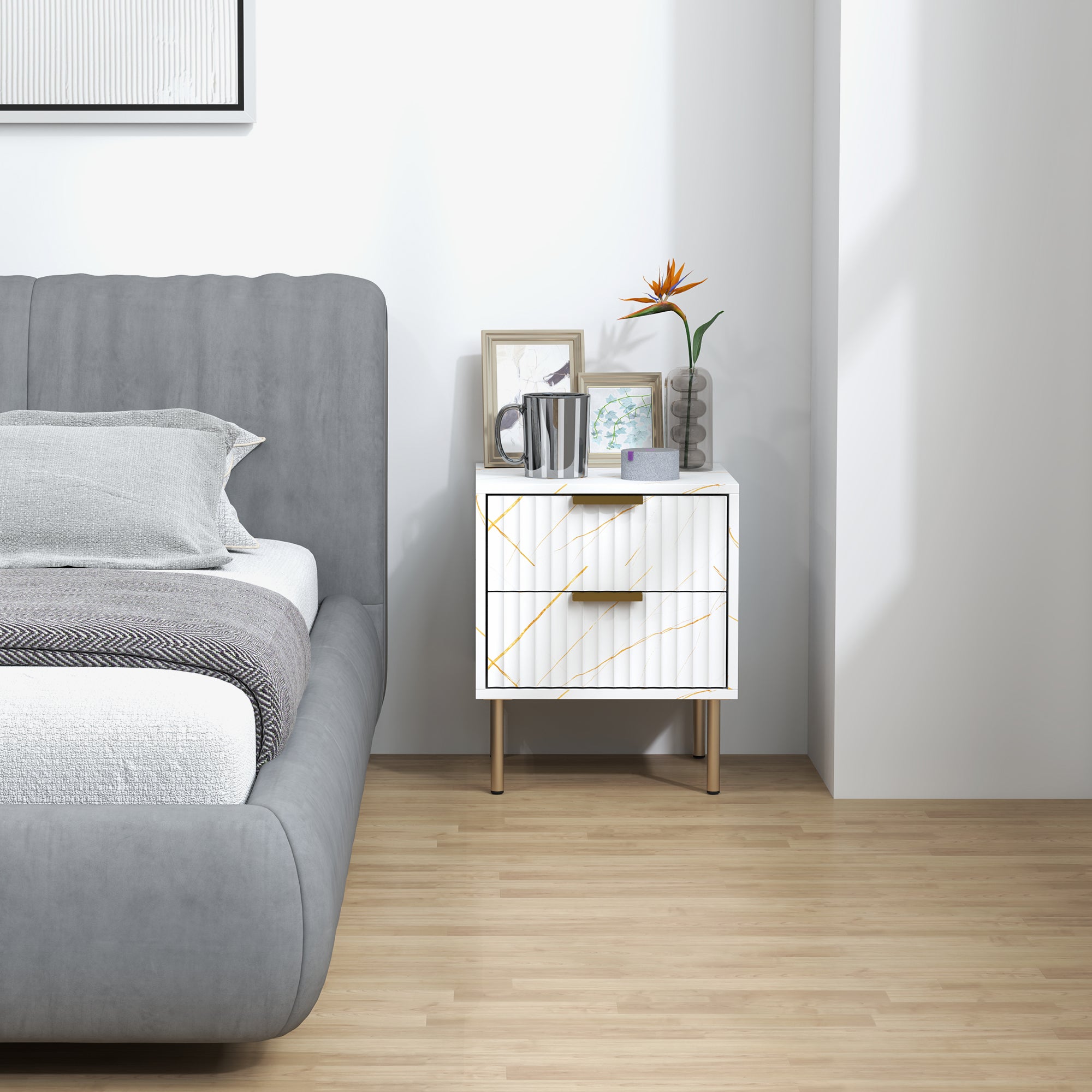 HOMCOM Elegant Two-Drawer Bedside Table - White - North Peak Garden Furniture