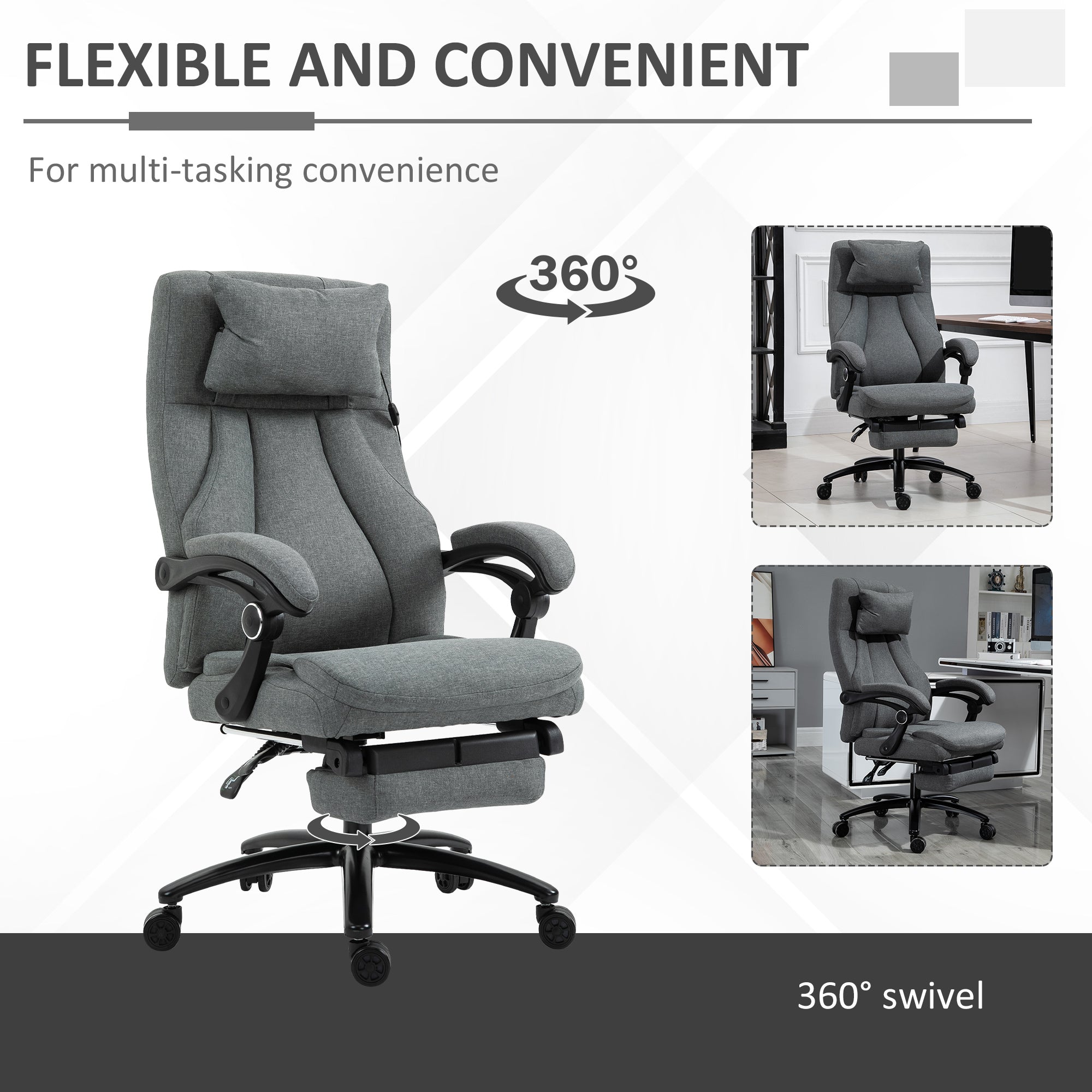 Vinsetto Office Chair, Fabric Desk Chair with Adjustable Massage Pillow, USB Power and Retractable Footrest, High Back, 360° Swivel, for Home, Grey - North Peak Garden Furniture