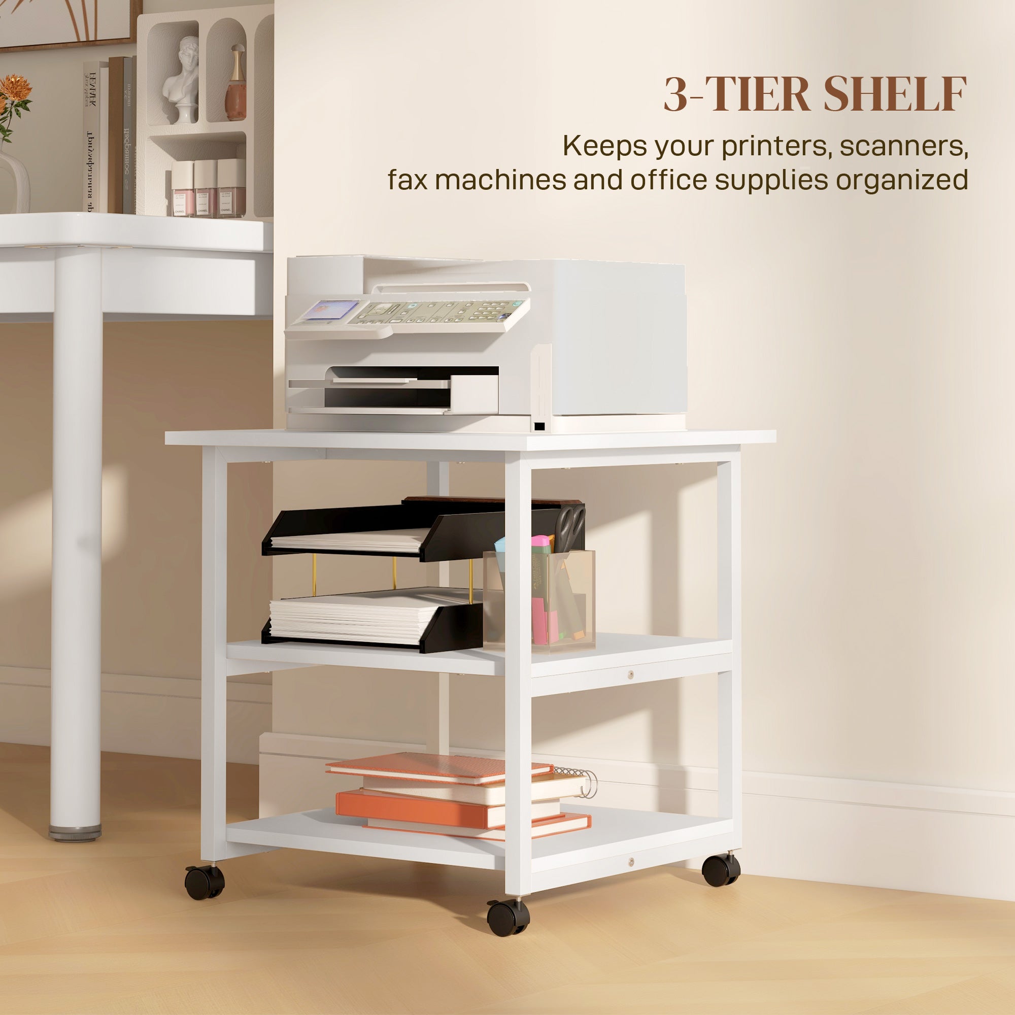 HOMCOM Three-Tier Steel Printer Stand, with Wheels - White - North Peak Garden Furniture