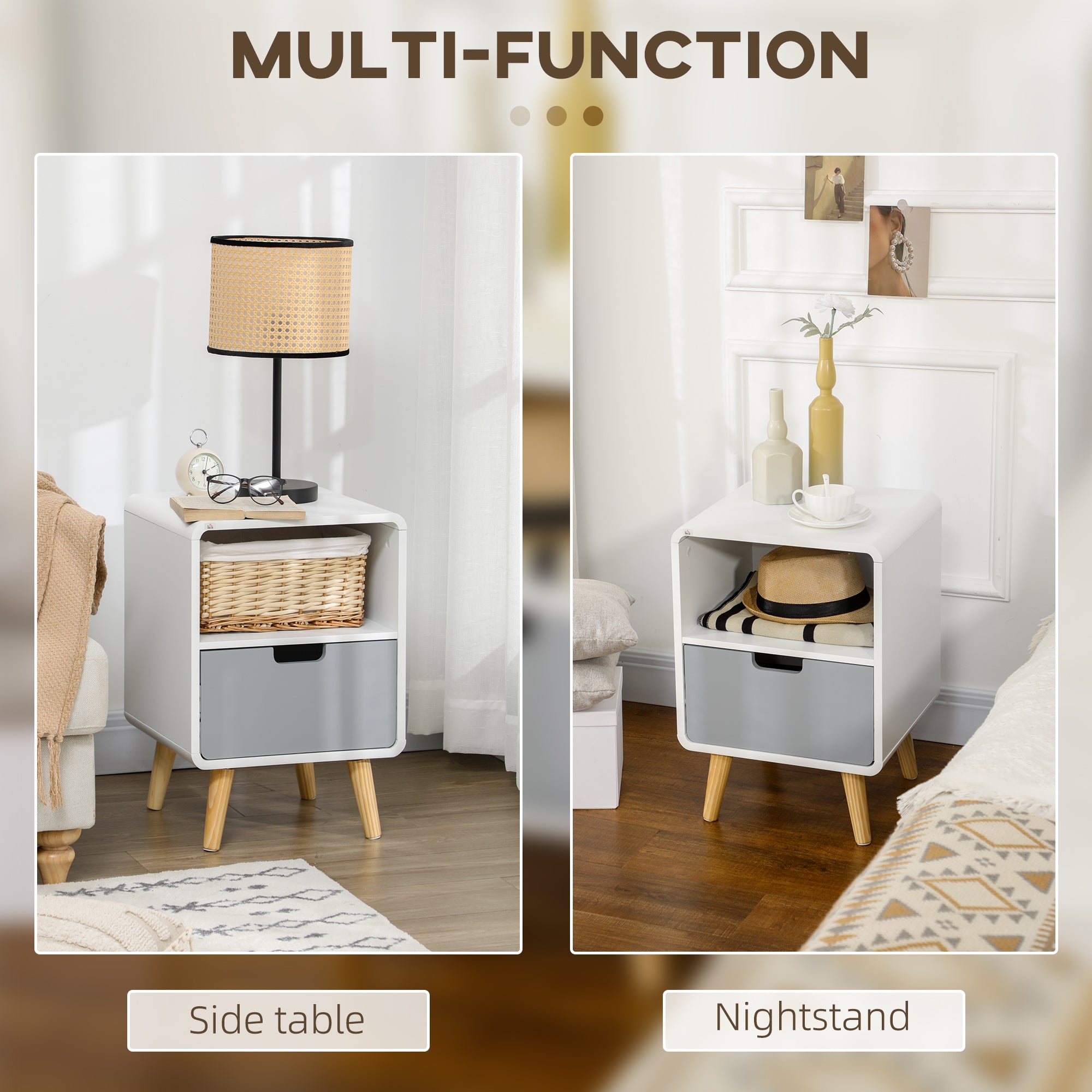 HOMCOM Wooden Bedside Table End Nightstand With Drawer Wood Lamp Desk Storage Unit Bedroom Scandinavian Nordic Style, Set of 2 - North Peak Garden Furniture