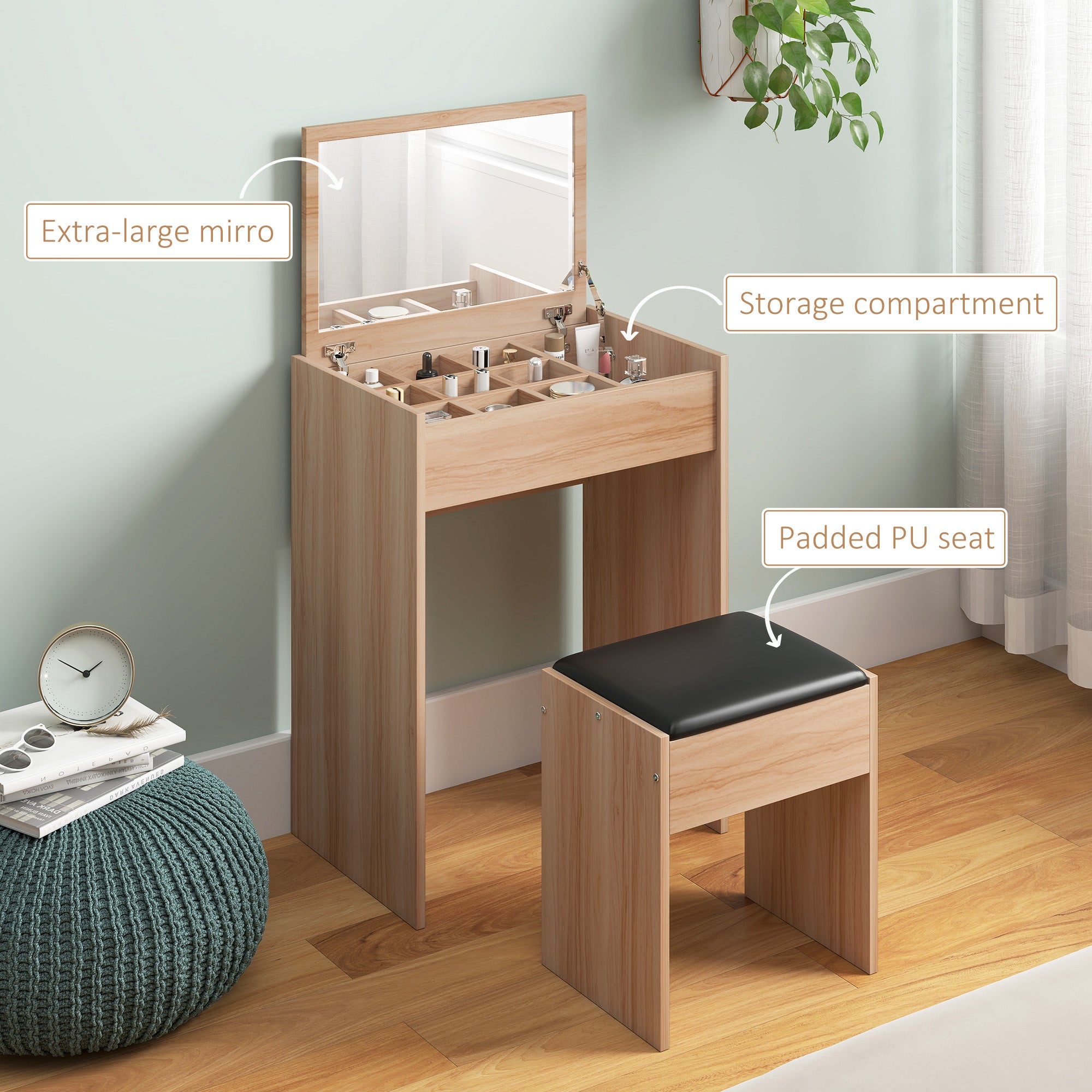 HOMCOM Dressing Table with Mirror and Stool, Vanity Makeup Table with Flip Up Mirror, Vanity Desk with Storage Unit and Padded Seat, Wood