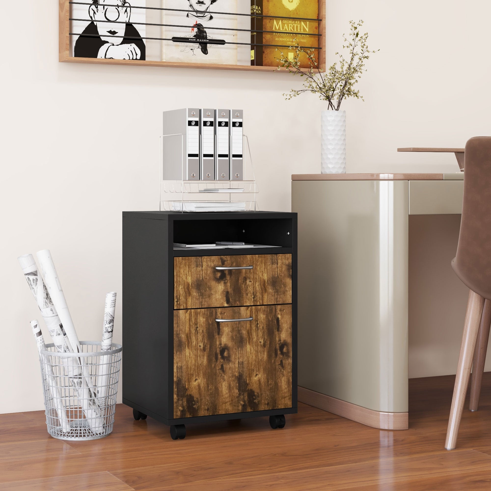HOMCOM 60cm Filing Cabinet with Drawer, Open Shelf, Metal Handles and 4 Wheels, Office Home Organiser Mobile Printer, Rustic Brown - North Peak Garden Furniture
