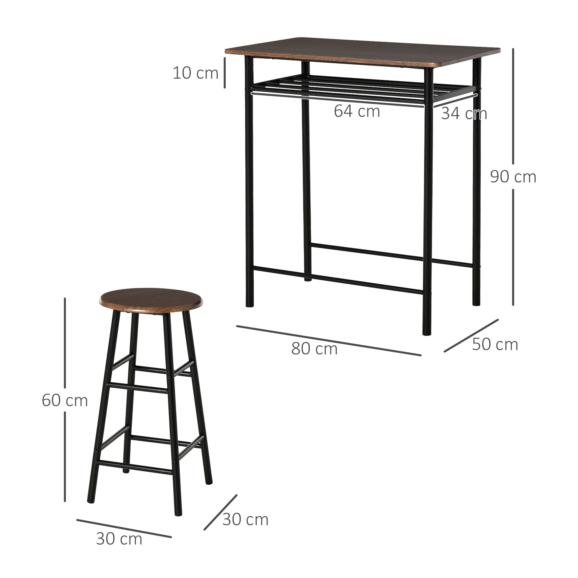 HOMCOM Bar Table Set, Bar Table and Stools Set, Footrest and Storage Shelf, for Kitchen, Dining Room, Pub, Cafe, Black and Oak - North Peak Garden Furniture