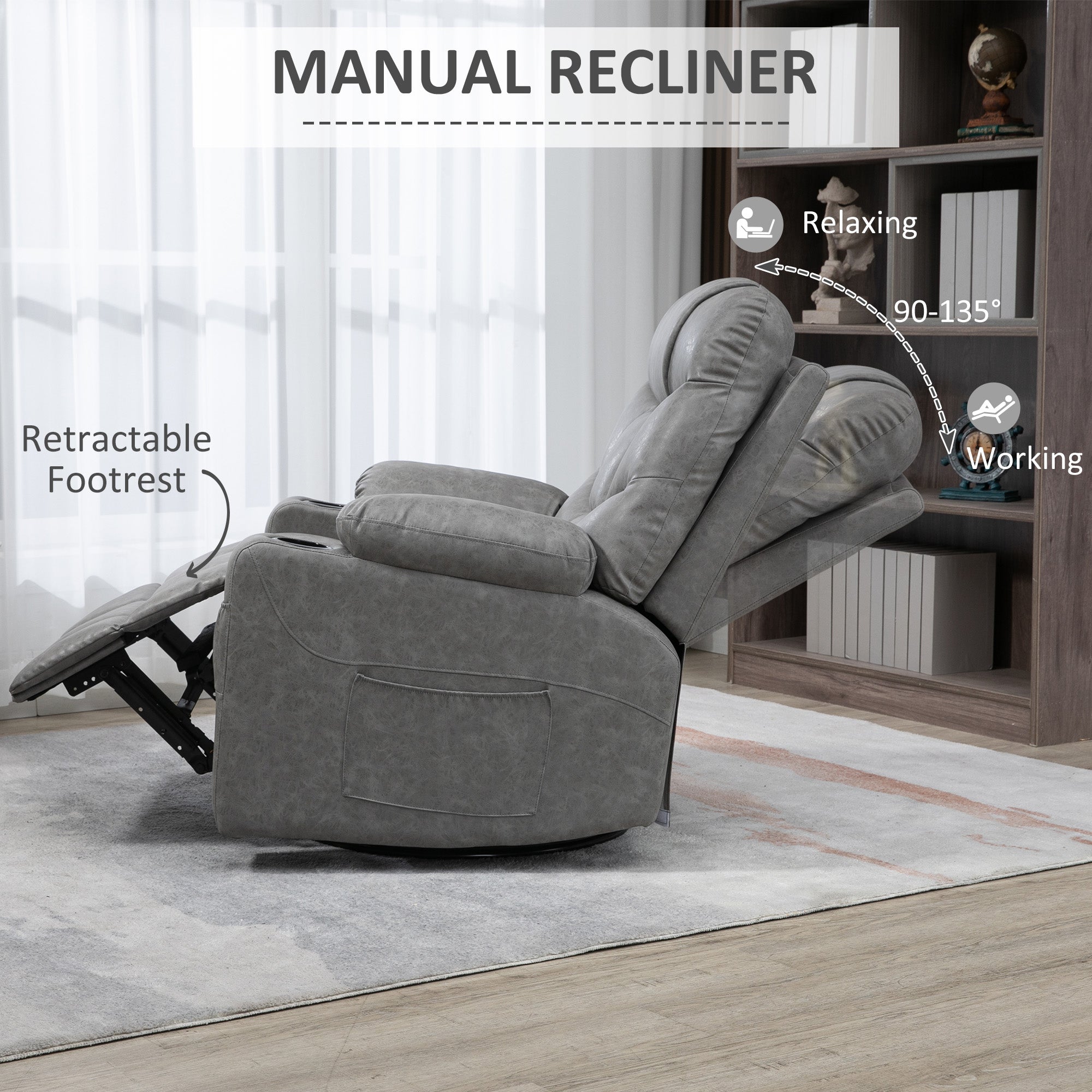 HOMCOM Manual Reclining Chair, Recliner Armchair with Swivel, Faux Leather, Below, Cup Holders, 86x93x102cm, Grey - North Peak Garden Furniture