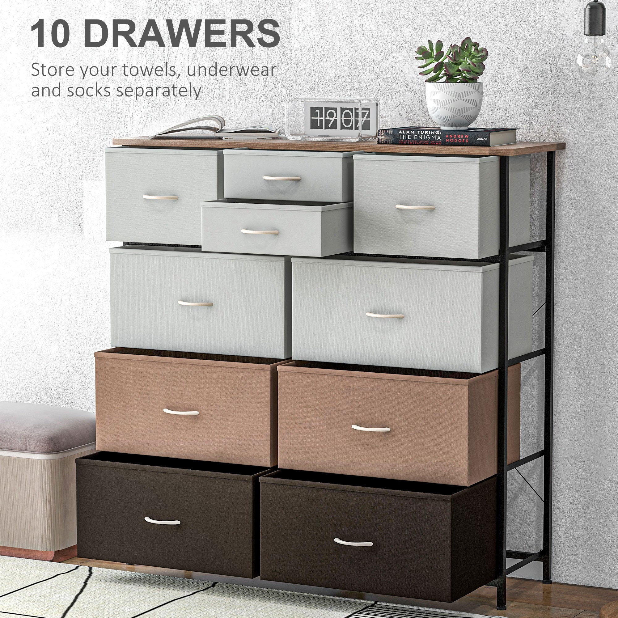 HOMCOM Bedroom Chest of Drawers, 10 Drawer Dresser with Foldable Fabric Drawers and Steel Frame, Multicolour - North Peak Garden Furniture