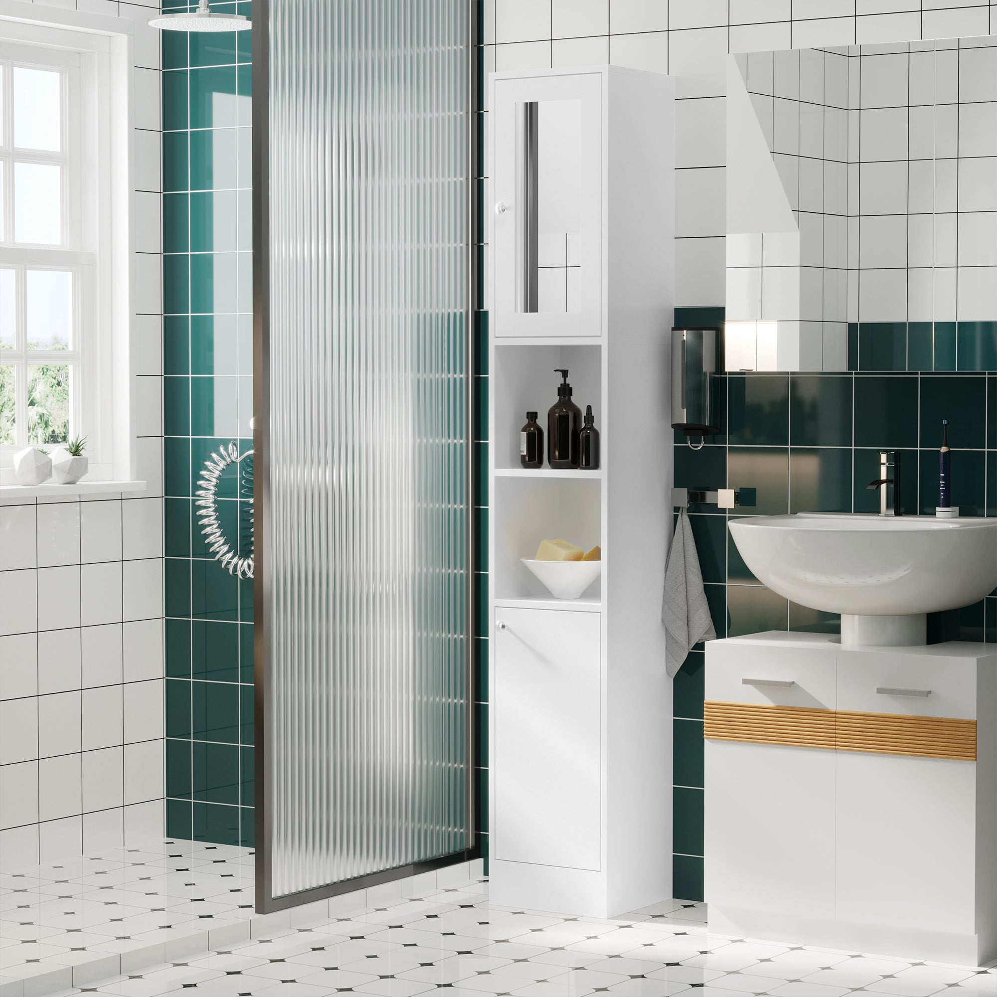 kleankin Tall Bathroom Storage Cabinet with Mirror, Freestanding Floor Cabinet Tallboy Unit with Adjustable Shelves, White - North Peak Garden Furniture