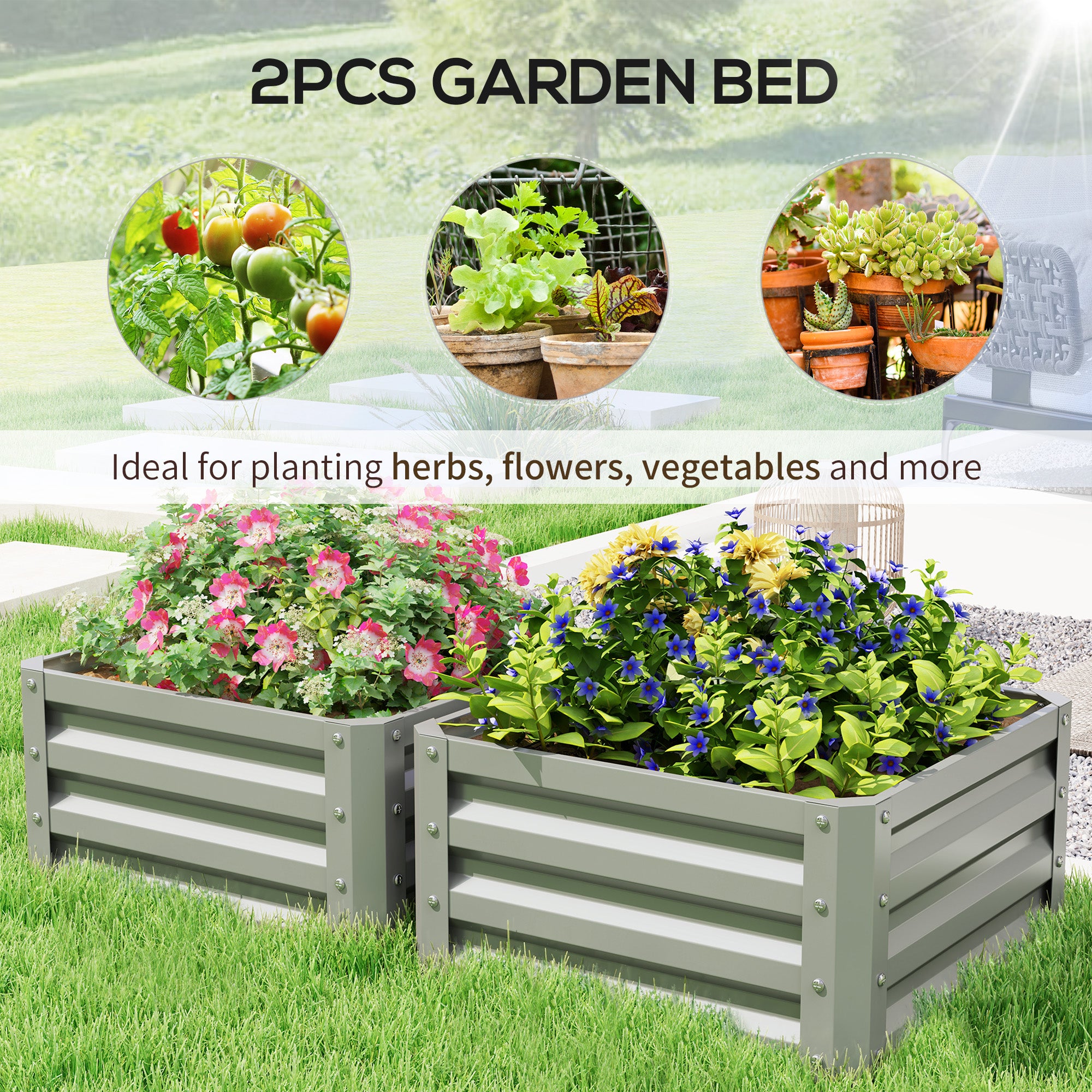 Outsunny Set of Two 60 x 60cm Steel Planter Boxes - Light Grey - North Peak Garden Furniture