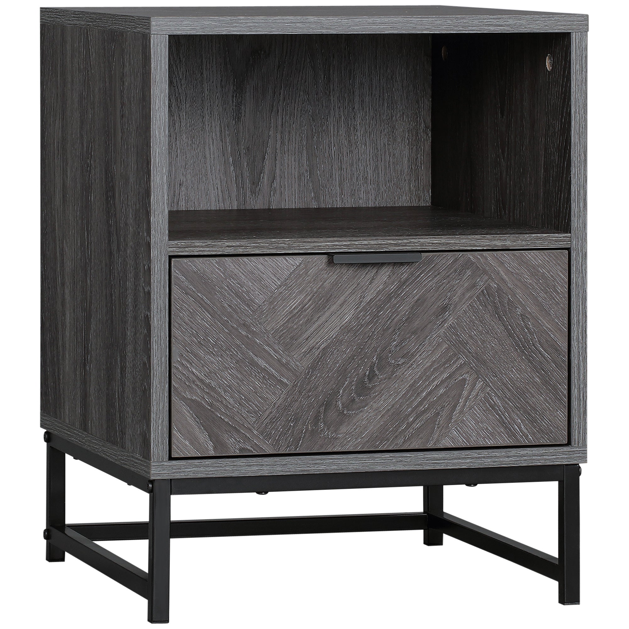 HOMCOM Bedside Table with Drawer and Shelf, Side End Table with Steel Legs for Living Room, Bedroom, Dark Grey - North Peak Garden Furniture
