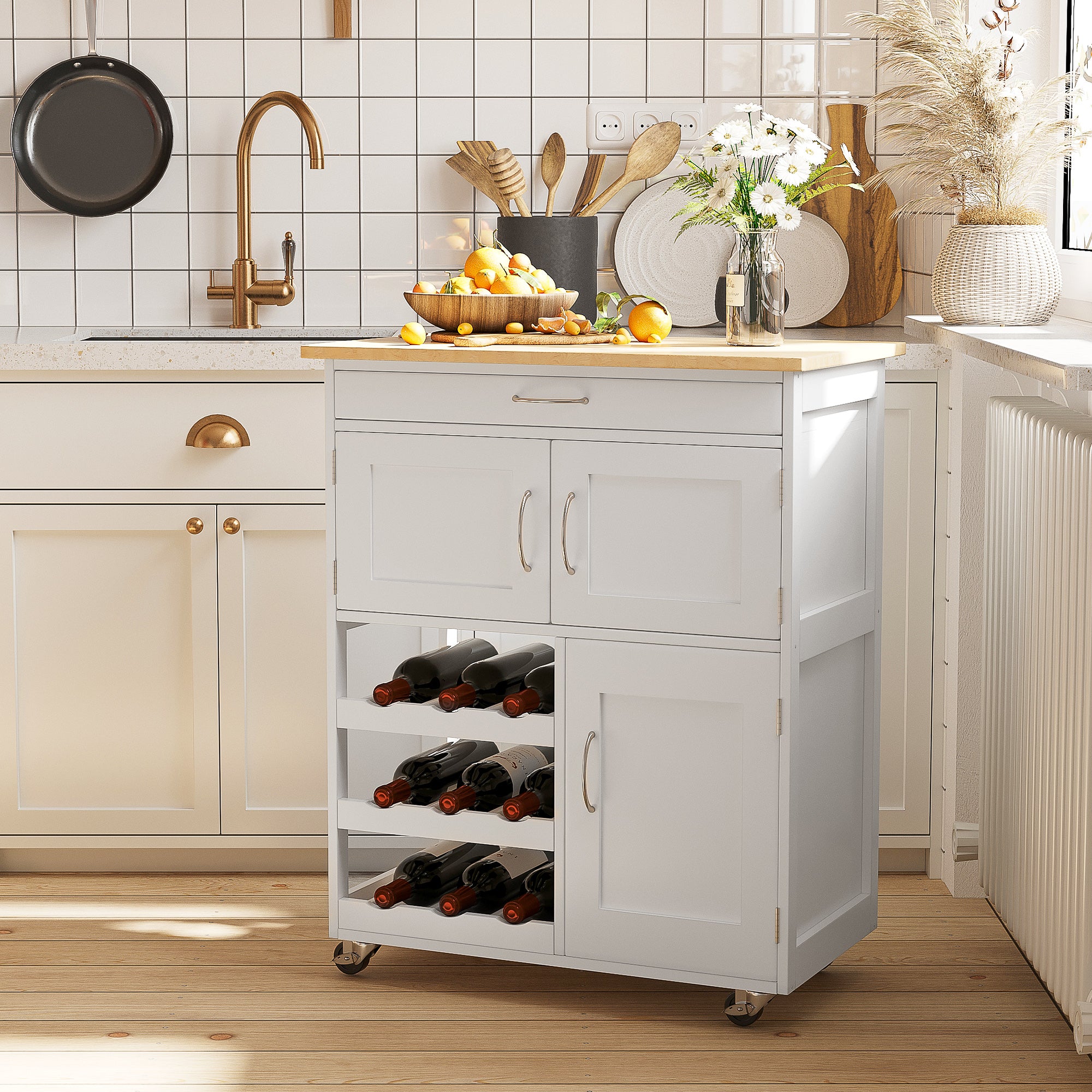 HOMCOM Modern Kitchen Trolley, Rolling Island Storage Cart with Drawer, 9-bottle Wine Rack, Door Cabinets, Wooden Countertop, White - North Peak Garden Furniture
