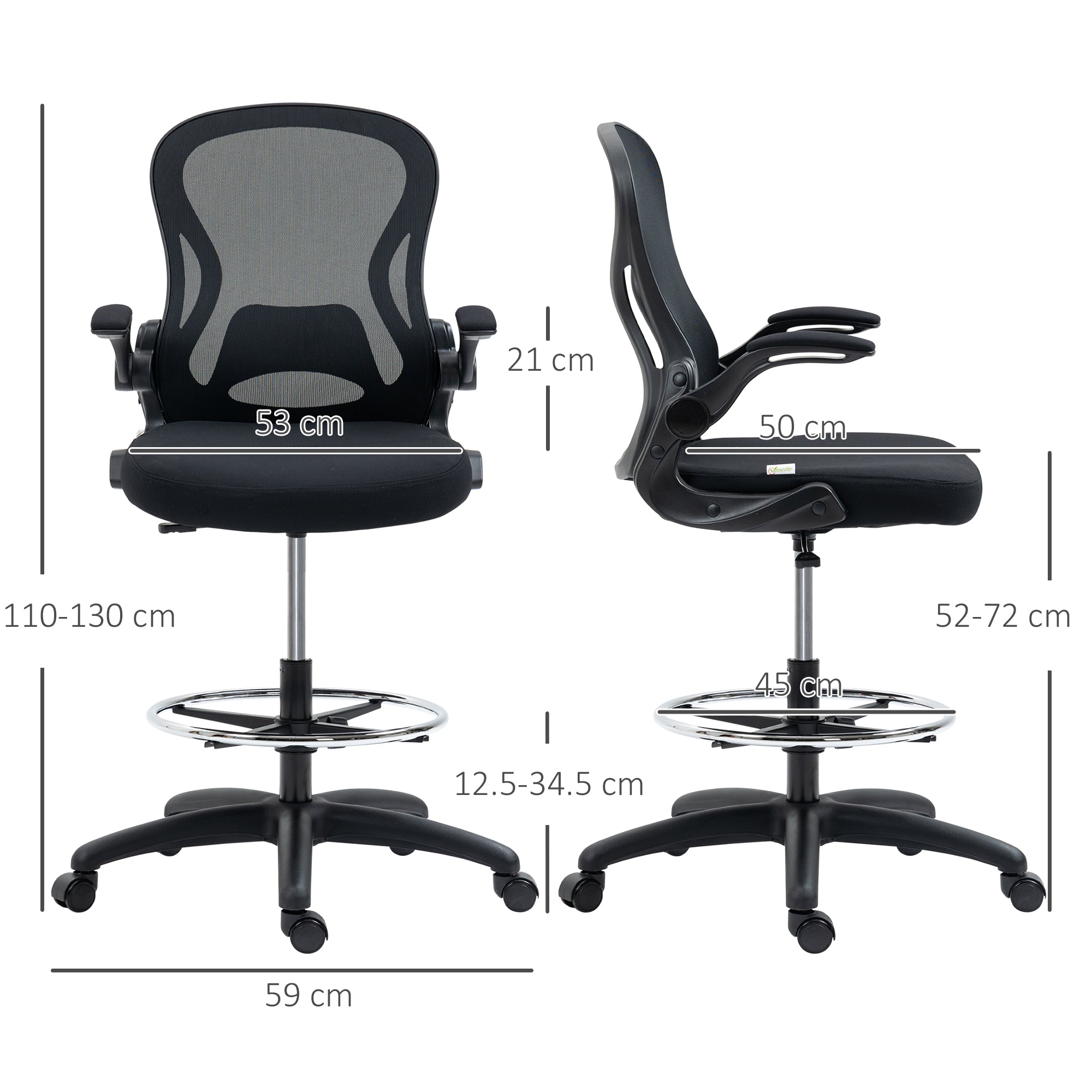Vinsetto Adjustable Mesh Standing Desk Chair with Flip-up Armrests Lumbar Support Armrests Adjustable Footrest Ring Black - North Peak Garden Furniture