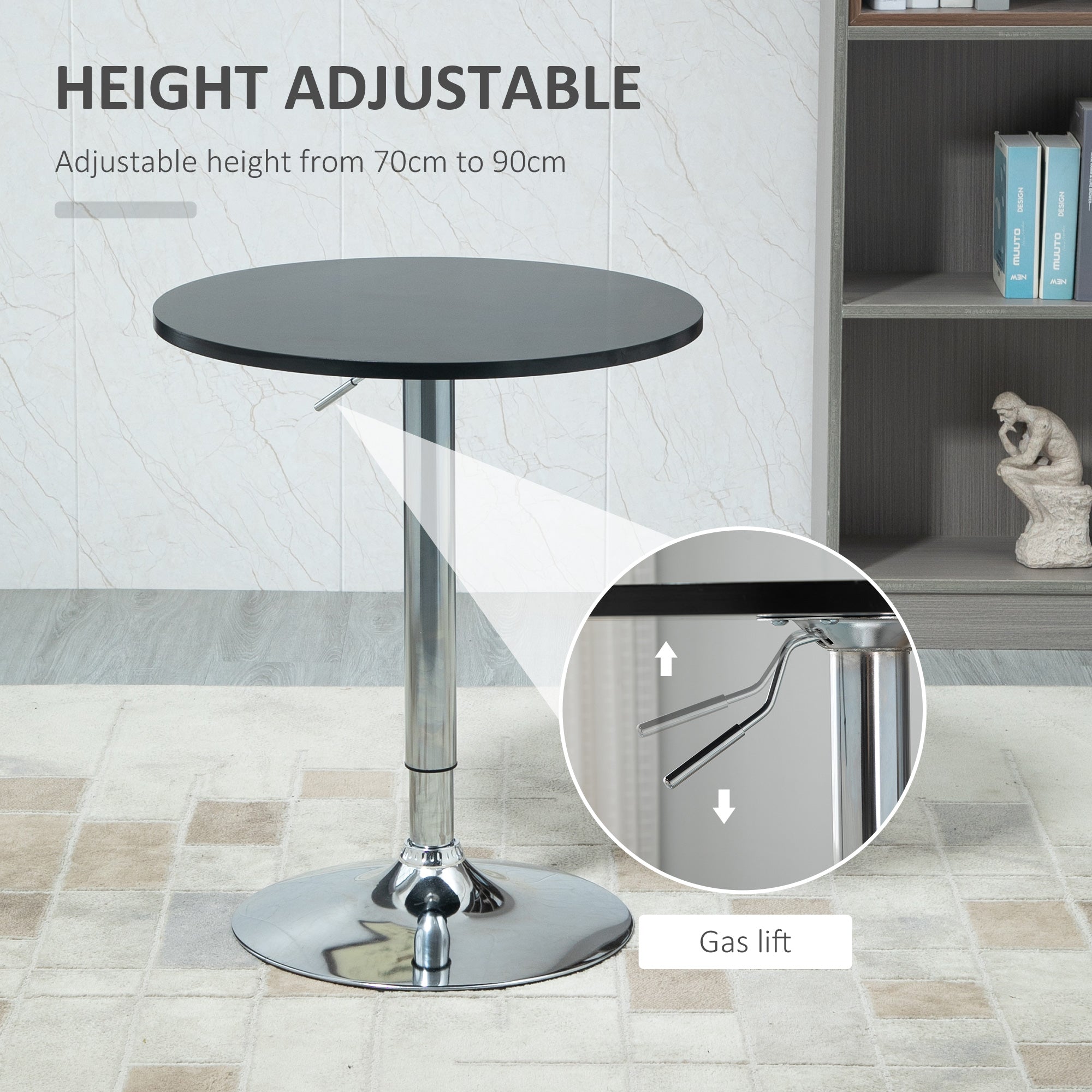 HOMCOM Round Height Adjustable Bar Table Counter Pub Desk with Metal Base for Home Bar, Dining Room, Kitchen, Black - North Peak Garden Furniture
