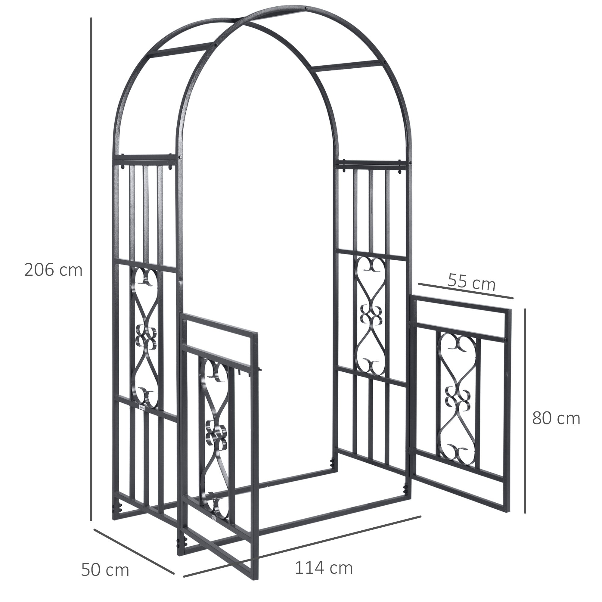 Outsunny Outdoor Garden Arch with Double Gates, Metal Garden Arbor for Climbing Plants, Roses, Vines, Wedding Arch for Outdoor, 114L x 50W x 206H cm, Dark Grey - North Peak Garden Furniture
