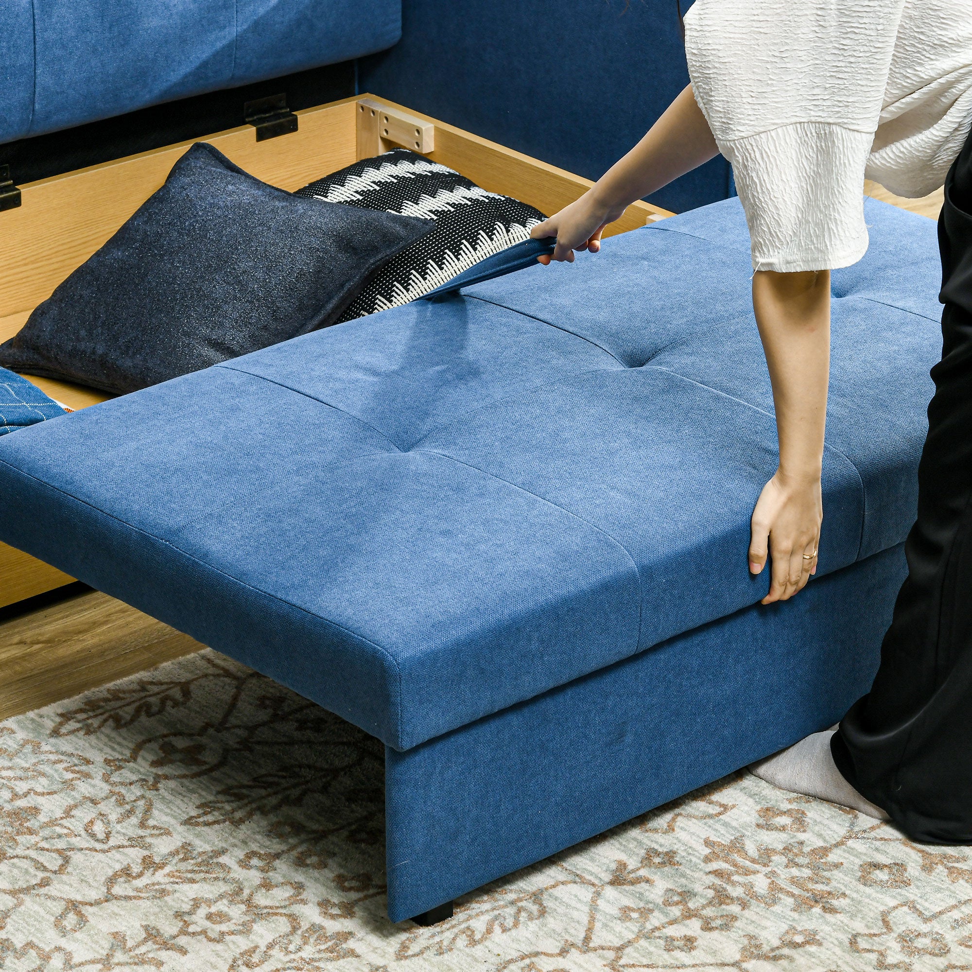 HOMCOM 2 Seater Sofa Bed, Convertible Bed Settee, Modern Fabric Loveseat Sofa Couch with 2 Cushions, Hidden Storage for Living Room, Guest Room, Deep Blue - North Peak Garden Furniture