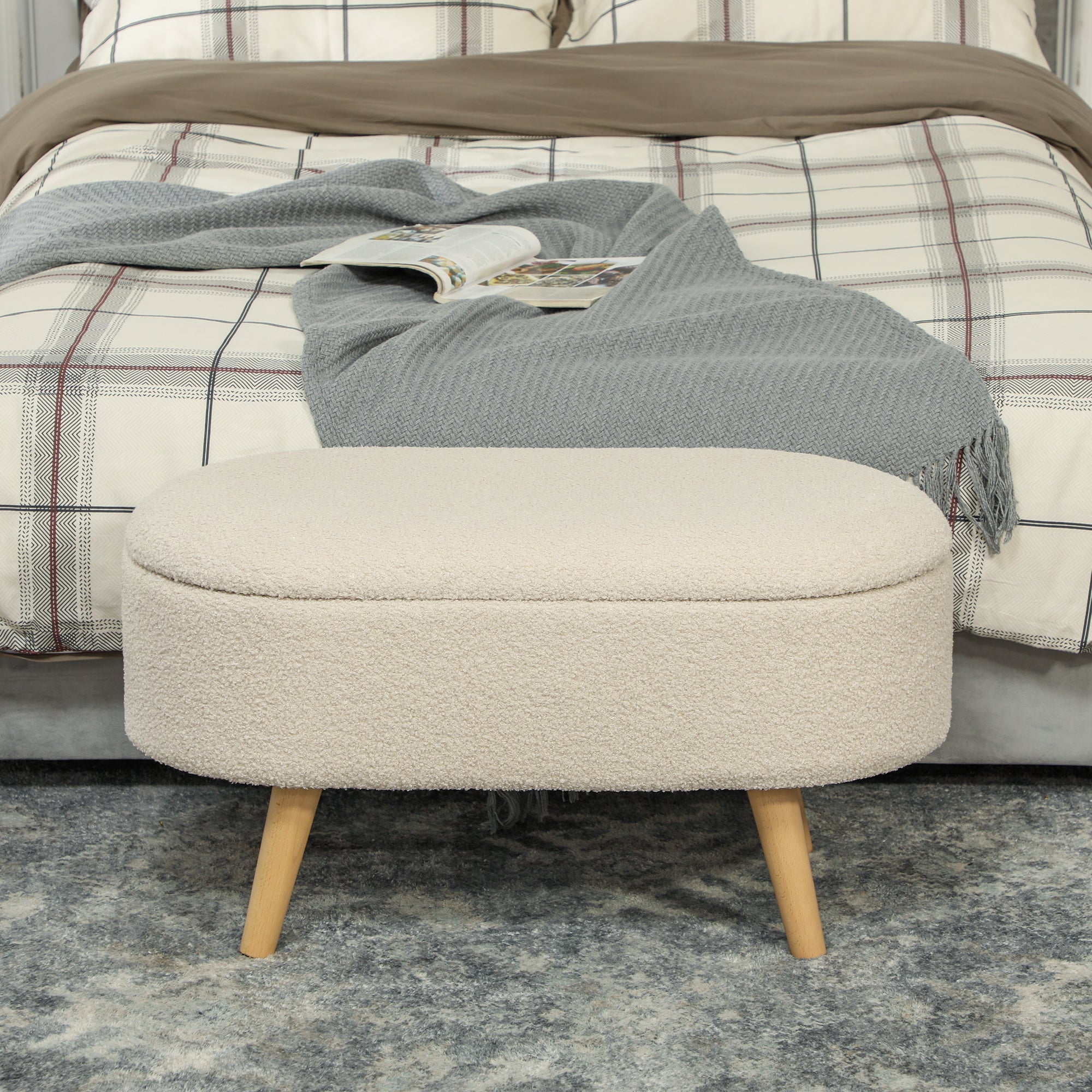 HOMCOM Teddy Fleece Storage Ottoman - Cream White - North Peak Garden Furniture