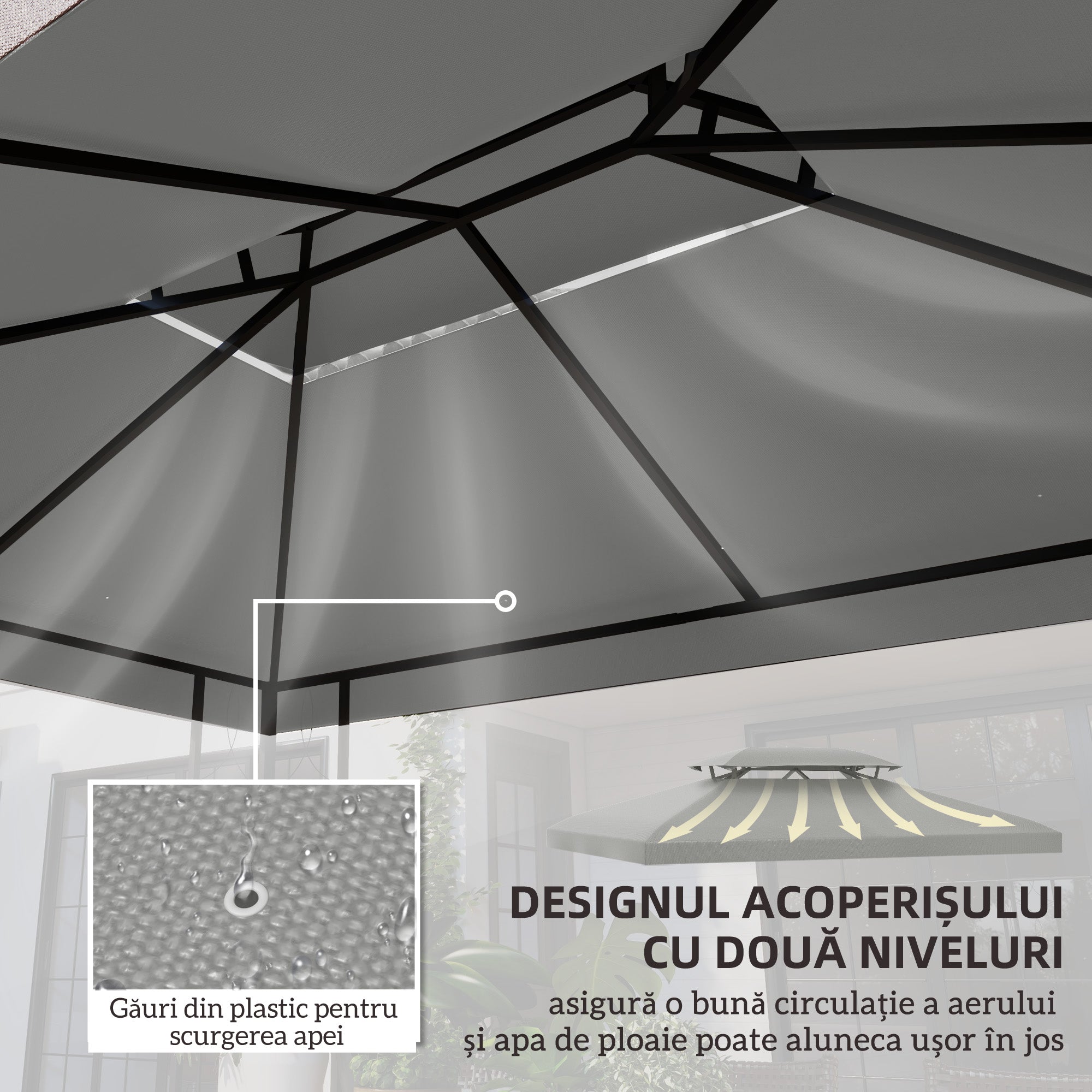 Outsunny 3x4m Gazebo Canopy Replacement Cover, 2 Tier Top Roof UV Cover Garden Patio Outdoor Sun Awning Shelters, Light Grey (TOP COVER ONLY) - North Peak Garden Furniture