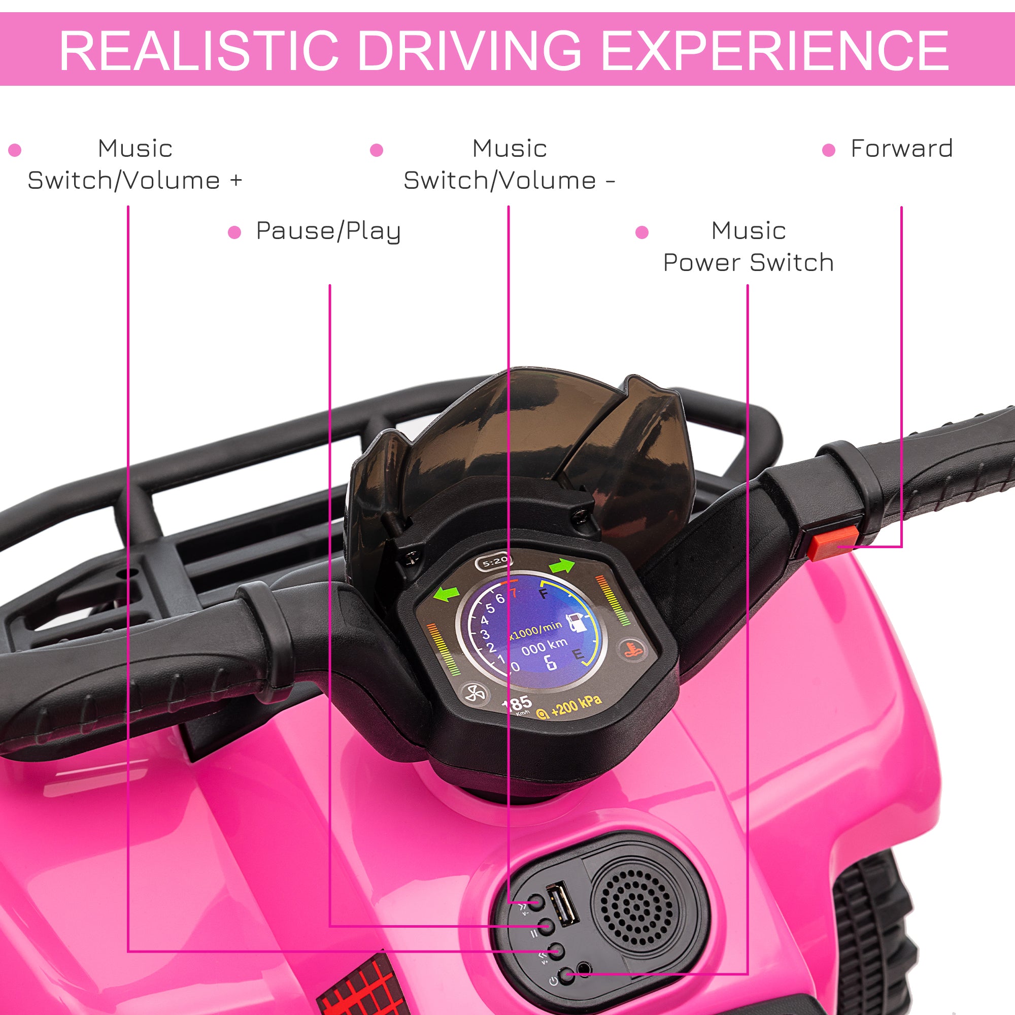 HOMCOM 6V Kids Electric Ride on Car Toddlers Quad Bike All Terrain Vehicle Toy With Music for 18-36 months Pink - North Peak Garden Furniture