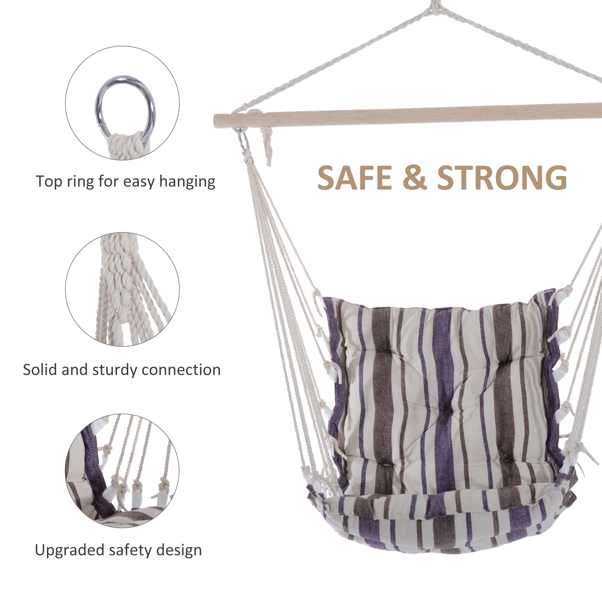 Outsunny Outdoor Hanging Rope Chair with Soft Padded Seat & Backrest, Garden Hammock Chair with Wooden Support Bar Cotton Cloth, Portable Garden Chair for Patio & Tree, Brown - North Peak Garden Furniture