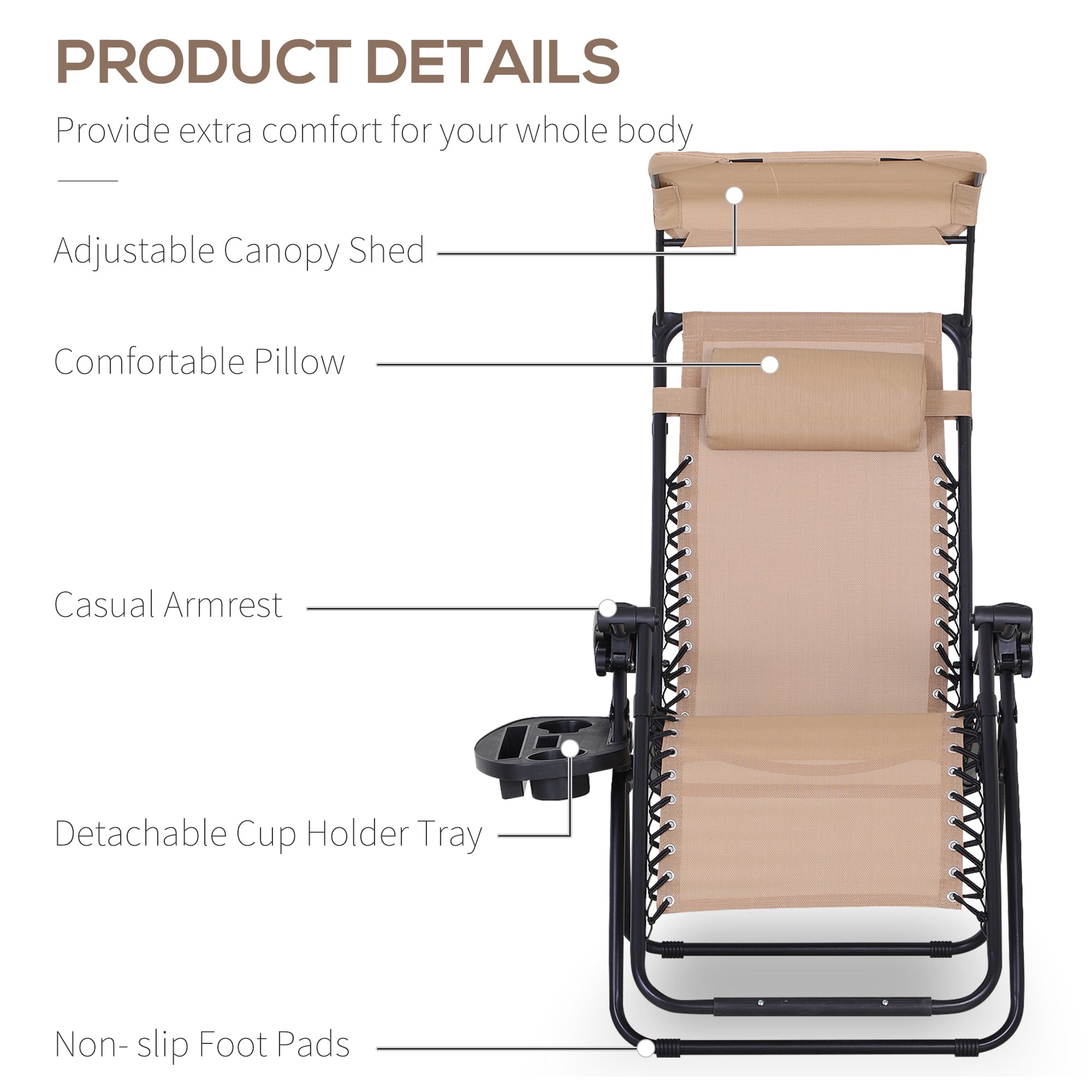 Outsunny 2 Piece Foldable Reclining Garden Chair with Headrest, Zero Gravity Deck Sun Lounger Seat Chair with Footrest, Armrest, Cup Holder & Canopy Shade, Beige - North Peak Garden Furniture