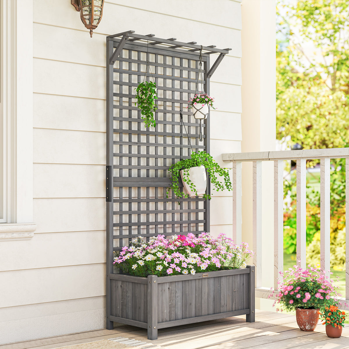 Outsunny Raised Bed with Drainage Holes, Wood Planter with Trellis for Climbing Plants to Grow Vegetables, Flowers, Dark Grey