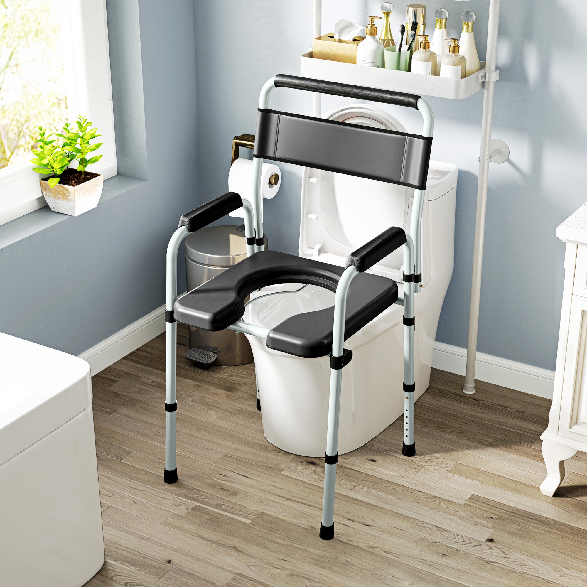 HOMCOM Lightweight Non-Slip Commode, Height Adjustable Commode Toilet Chair with Arms and Back, Black