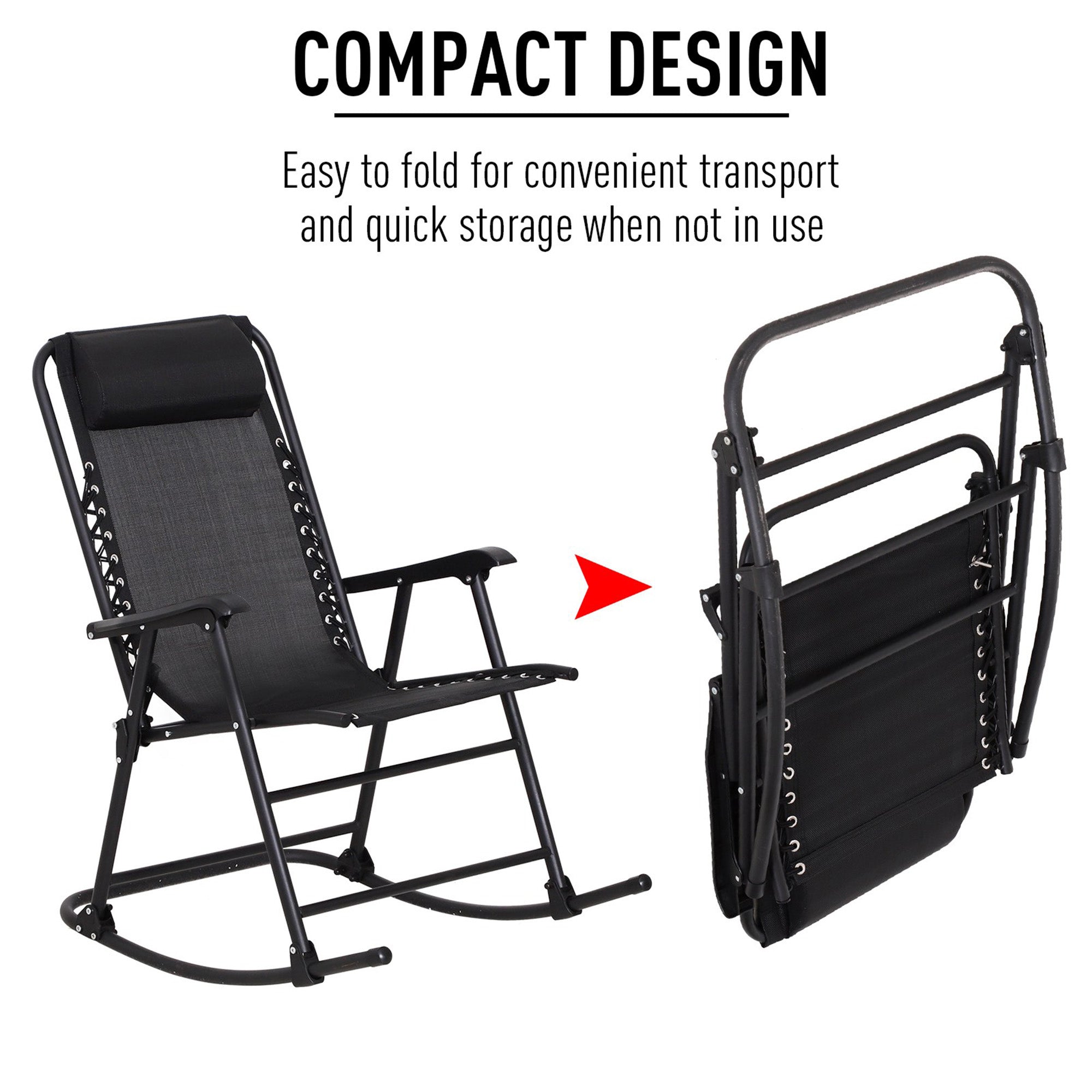 Outsunny Rocking Garden Chair, Foldable Outdoor Rocker with Adjustable Zero-Gravity Seat and Headrest, Ideal for Camping, Fishing, Patio, Black