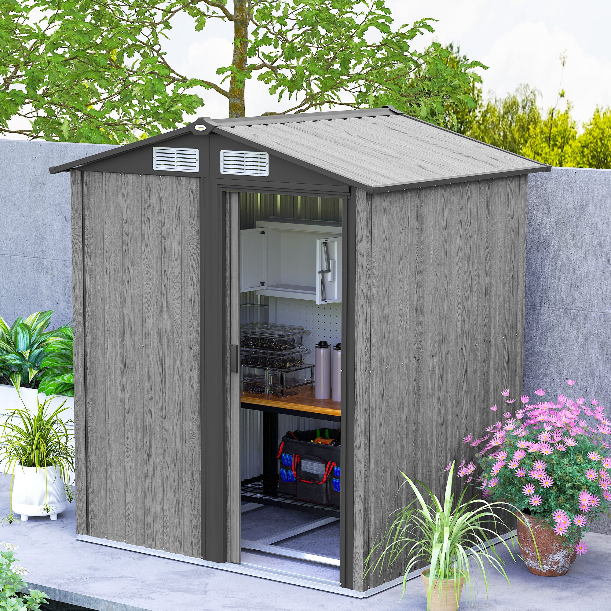 Outsunny 4.3 x 5ft Outdoor Garden Storage Shed - Grey Wood Effect - North Peak Garden Furniture