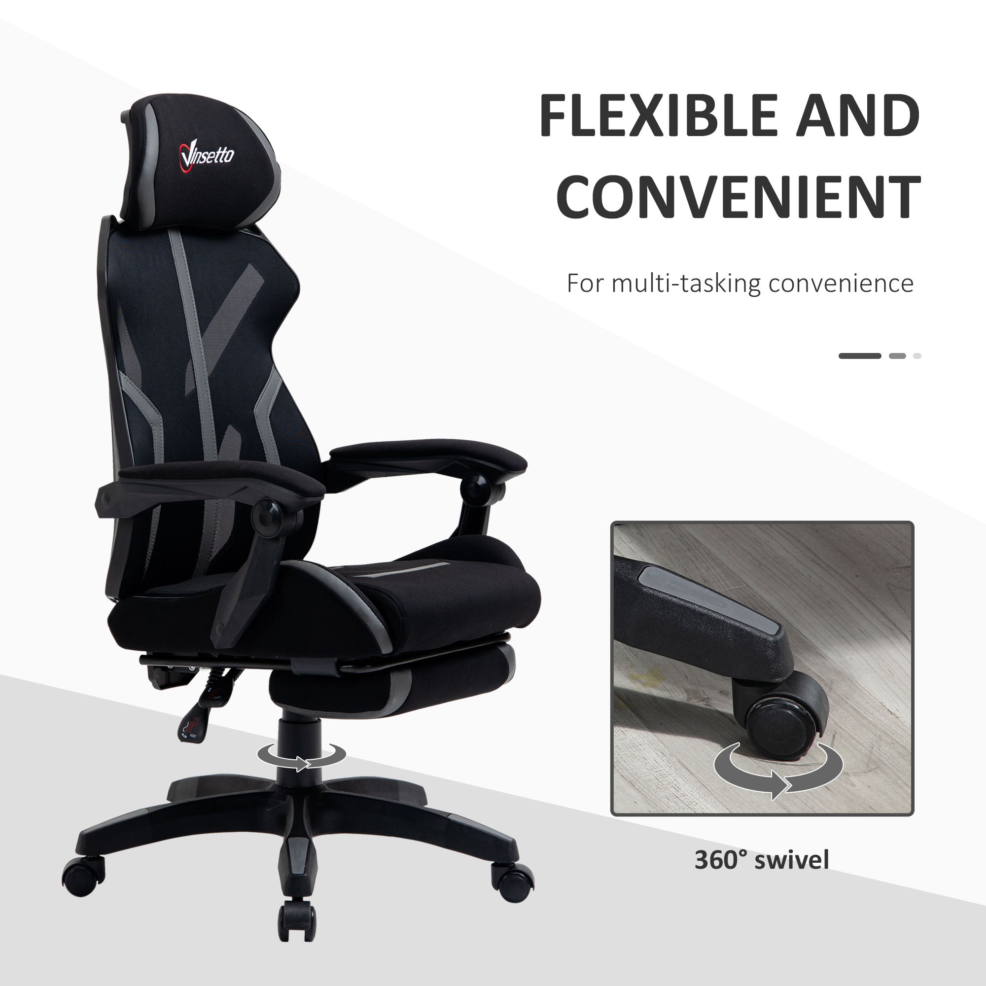 Vinsetto Mesh Office Chair Desk Task Computer Recliner with Footrest, Lumbar Back Support, Swivel Wheels, Adjustable Height for Home, Black Grey - North Peak Garden Furniture