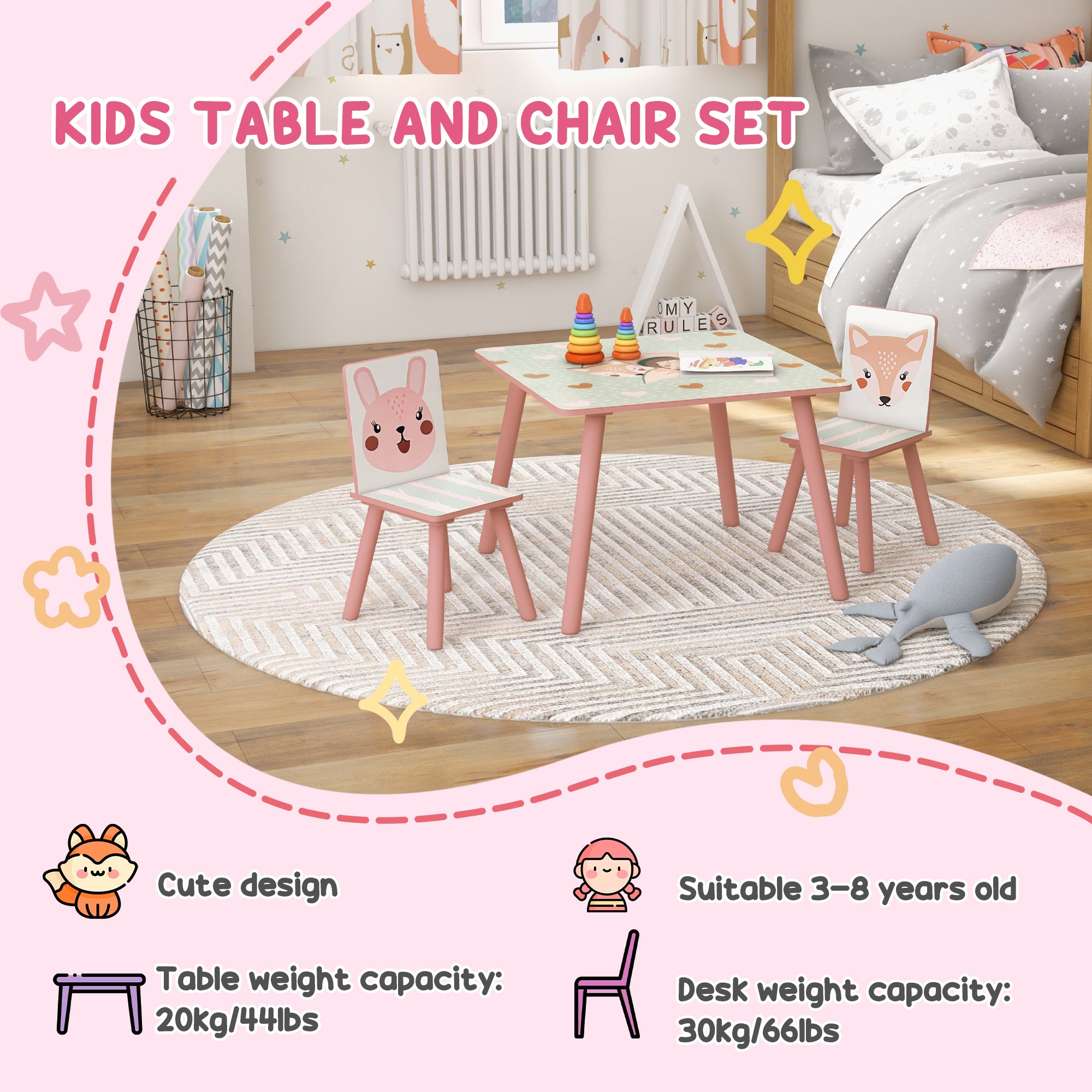 ZONEKIZ Kids and Table Chairs, Children Desk with Two Chairs, Toddler Furniture Set, for Ages 3-6 Years - Pink - North Peak Garden Furniture