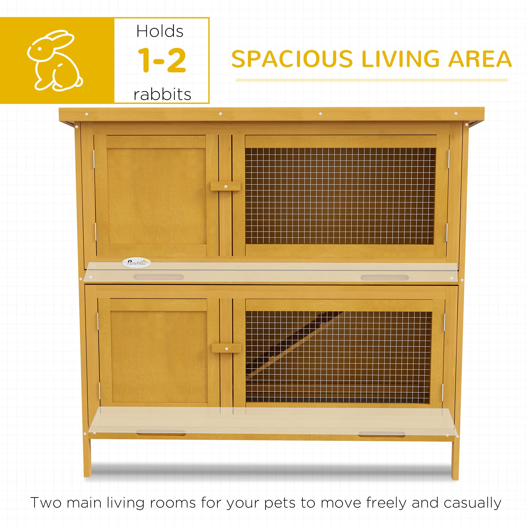 PawHut Double Decker Rabbit Hutch 2 Tier Guinea Pig House Pet Cage Outdoor with Sliding-out Tray, 97 x 44 x 91cm, Yellow