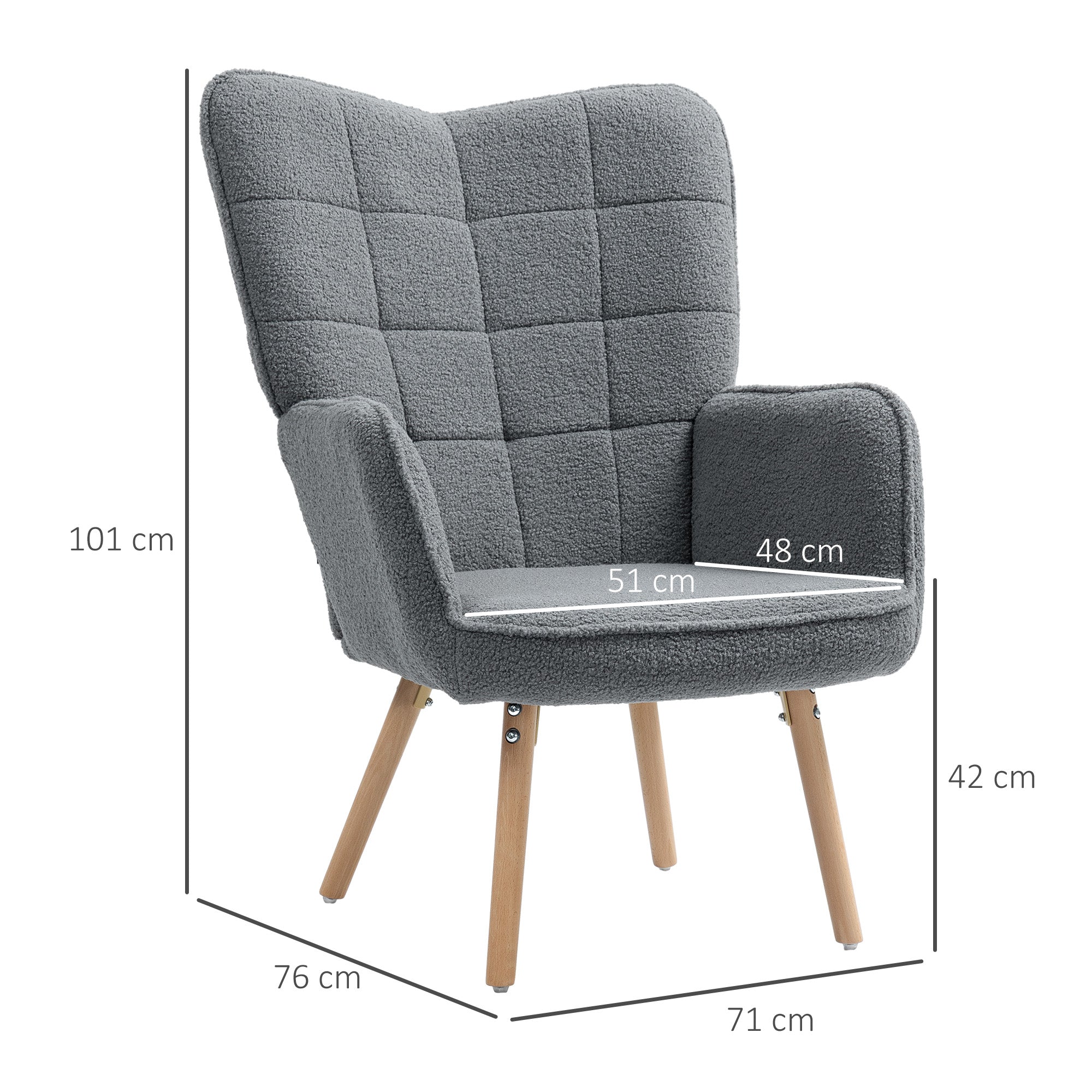 HOMCOM Modern Accent Chair, Upholstered Tufted Wingback Armchair with Seat Padding, Leisure Lounge Bedroom Chair with Wood Legs, Dark Grey - North Peak Garden Furniture