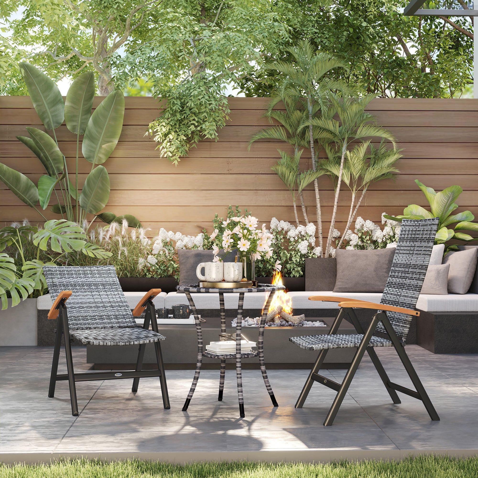 Outsunny 2 Pieces Outdoor Foldable Dining Chair with Armrests, High Backrest, for Garden, Camping, Balcony, Light Grey - North Peak Garden Furniture