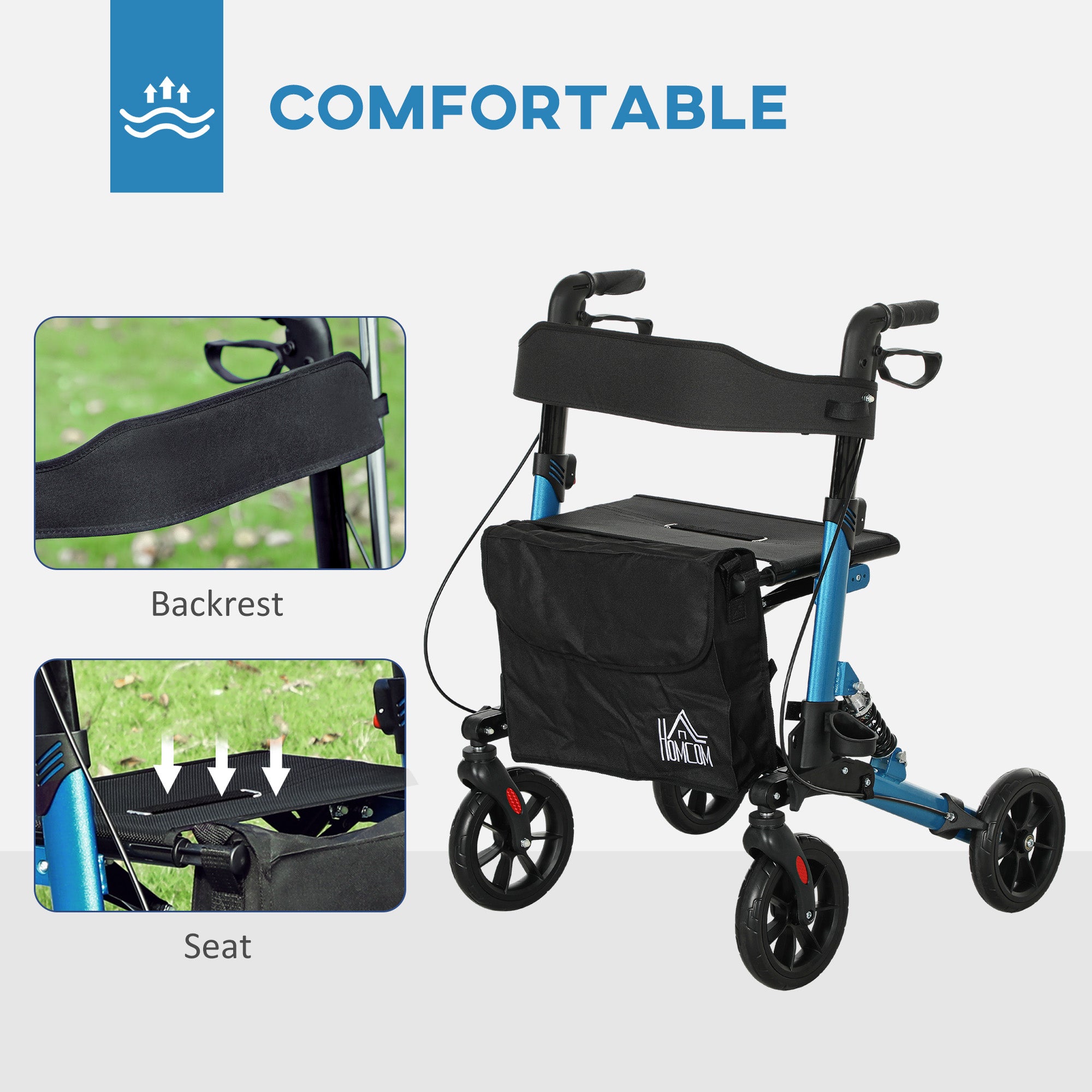 HOMCOM Folding Rollator Walker with Seat, Backrest, Lightweight Walking Frame with Storage Bag, Dual Brakes, Adjustable Handle Height, Suspension System, 4 Wheeled Walker for Seniors, Blue - North Peak Garden Furniture