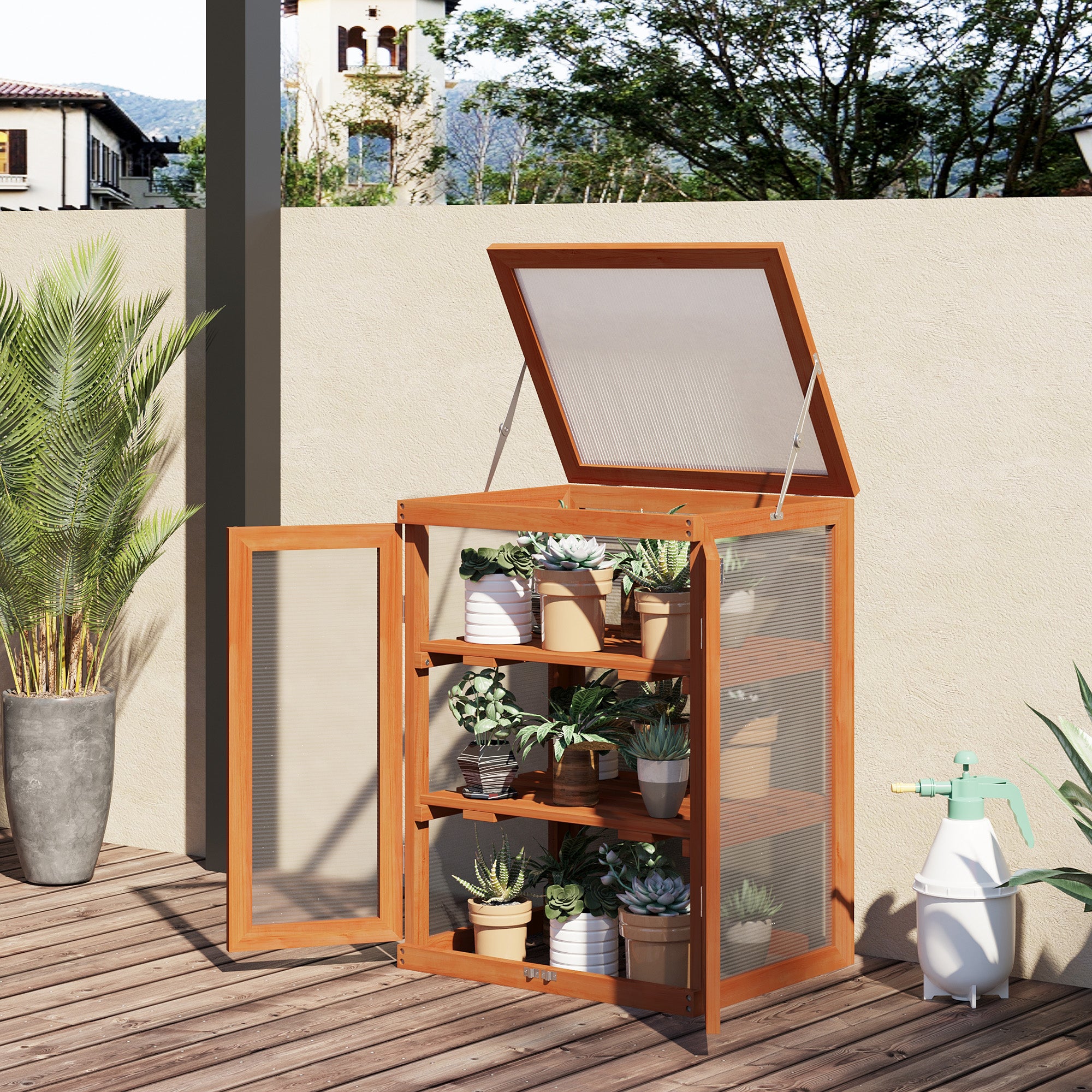 Outsunny 3-tier Wood Greenhouse Garden Polycarbonate Cold Frame Balcony Grow House w/ Storage Shelf for Plants, Flowers, Orange - North Peak Garden Furniture