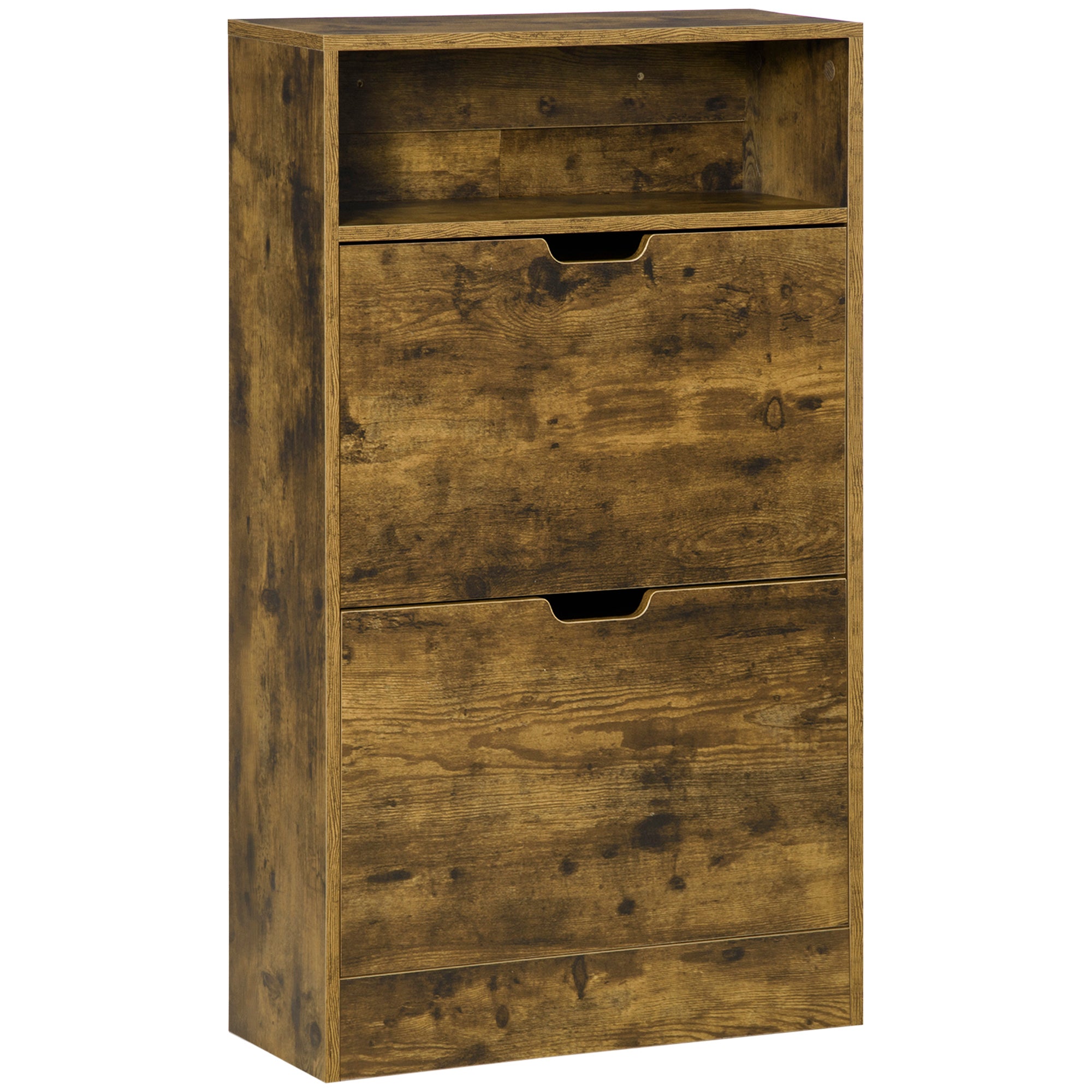 HOMCOM Shoe Cabinet with 2 Flip Doors, Slim 2-Drawer Shoe Cupboard with Adjustable Divider and Open Compartment for 12 Pairs of Shoes, Entryway Storage Unit, Rustic Brown - North Peak Garden Furniture