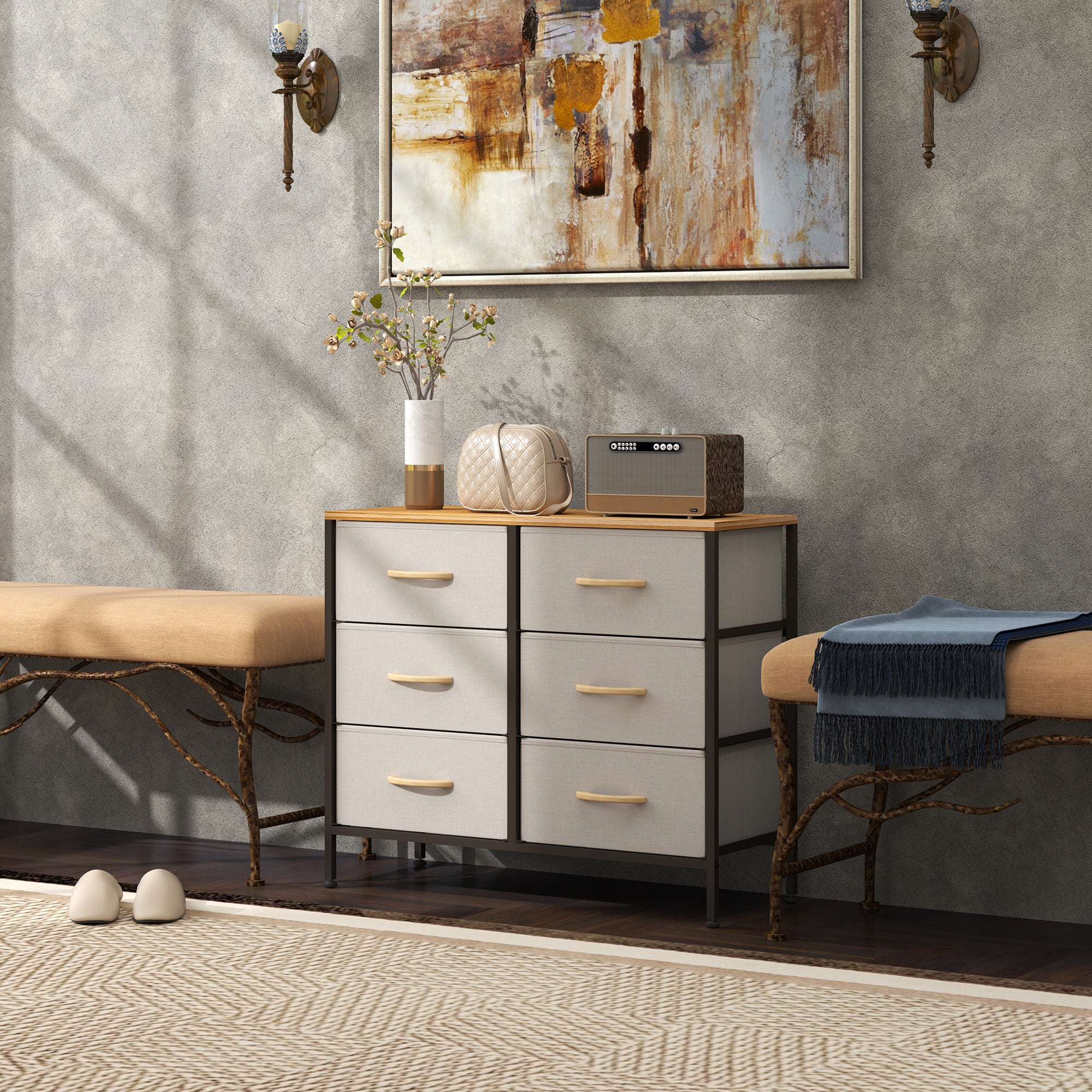 HOMCOM Fabric Chest of Drawers, Storage Drawers, Industrial Bedroom Dresser with 6 Fabric Drawers, Steel Frame and Wooden Top for Nursery, Living Room, Hallway, Cream White - North Peak Garden Furniture