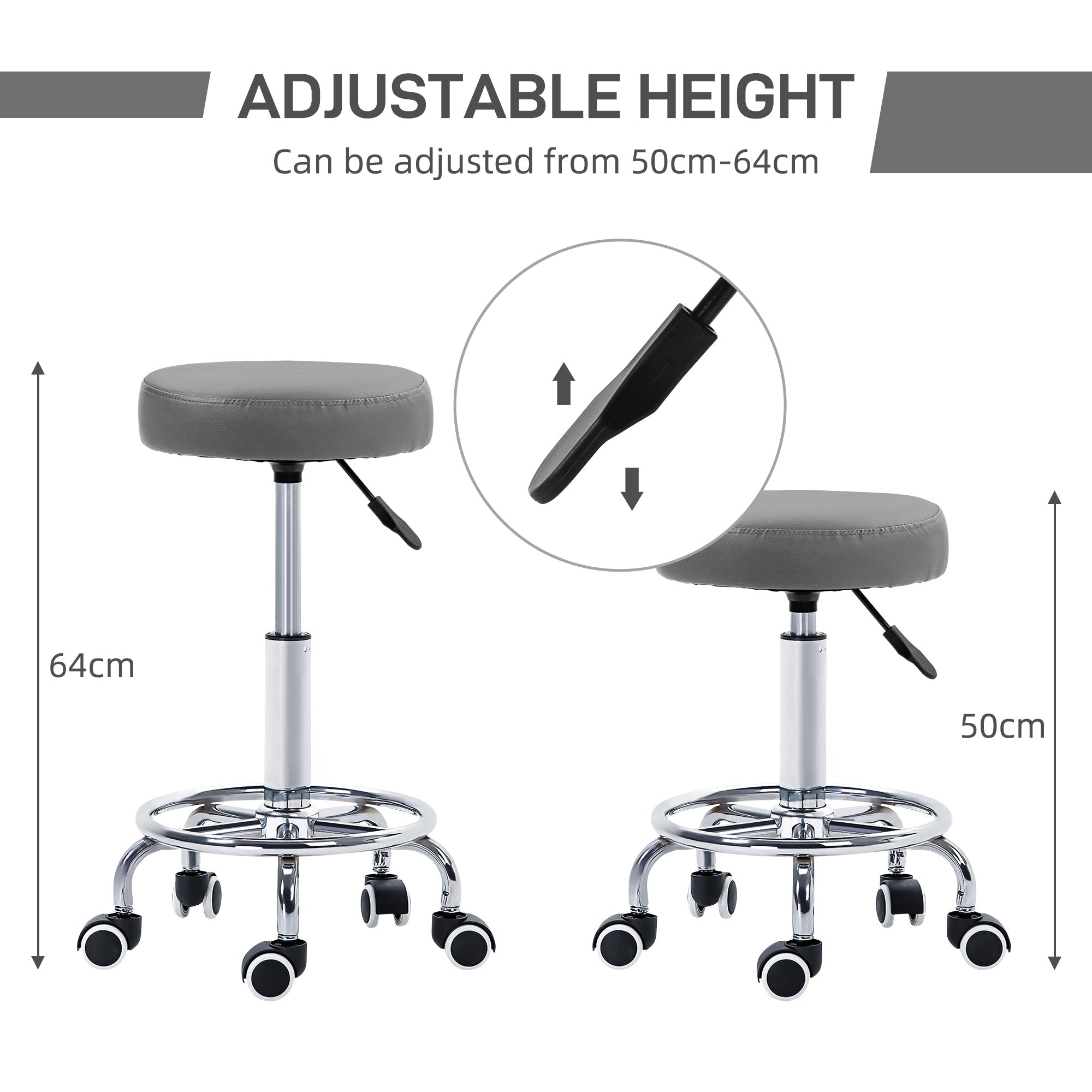 Vinsetto PU Leather Rolling Stool, Height Adjustable Stool Chair with Wheels for Salon, Massage, Spa, Grey - North Peak Garden Furniture