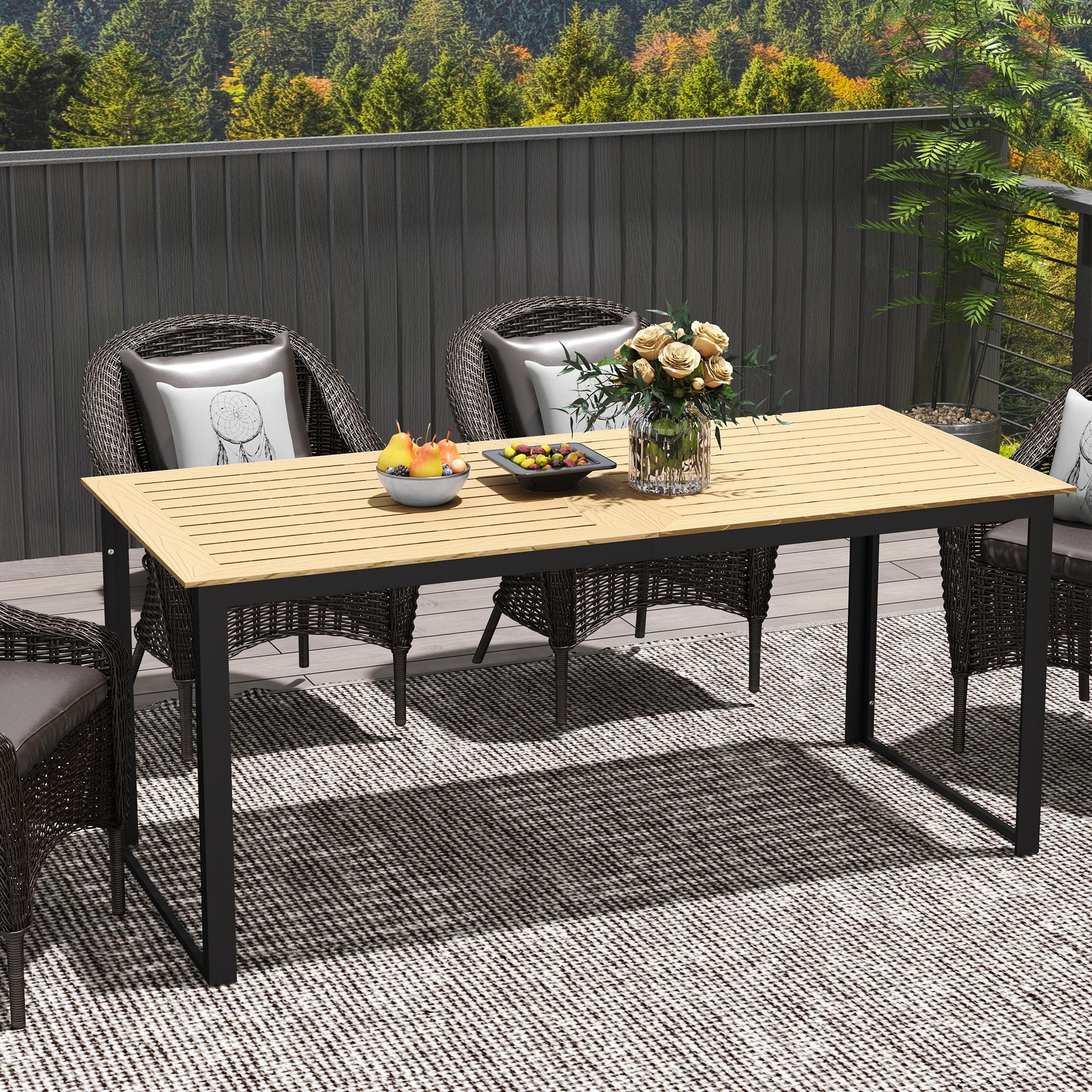 Outsunny Garden Table for 6 People, 175 x 78 x 75 cm Rectangle Outdoor Dining Table with Slatted Top, Metal Frame, for Balcony, Deck, Teak - North Peak Garden Furniture